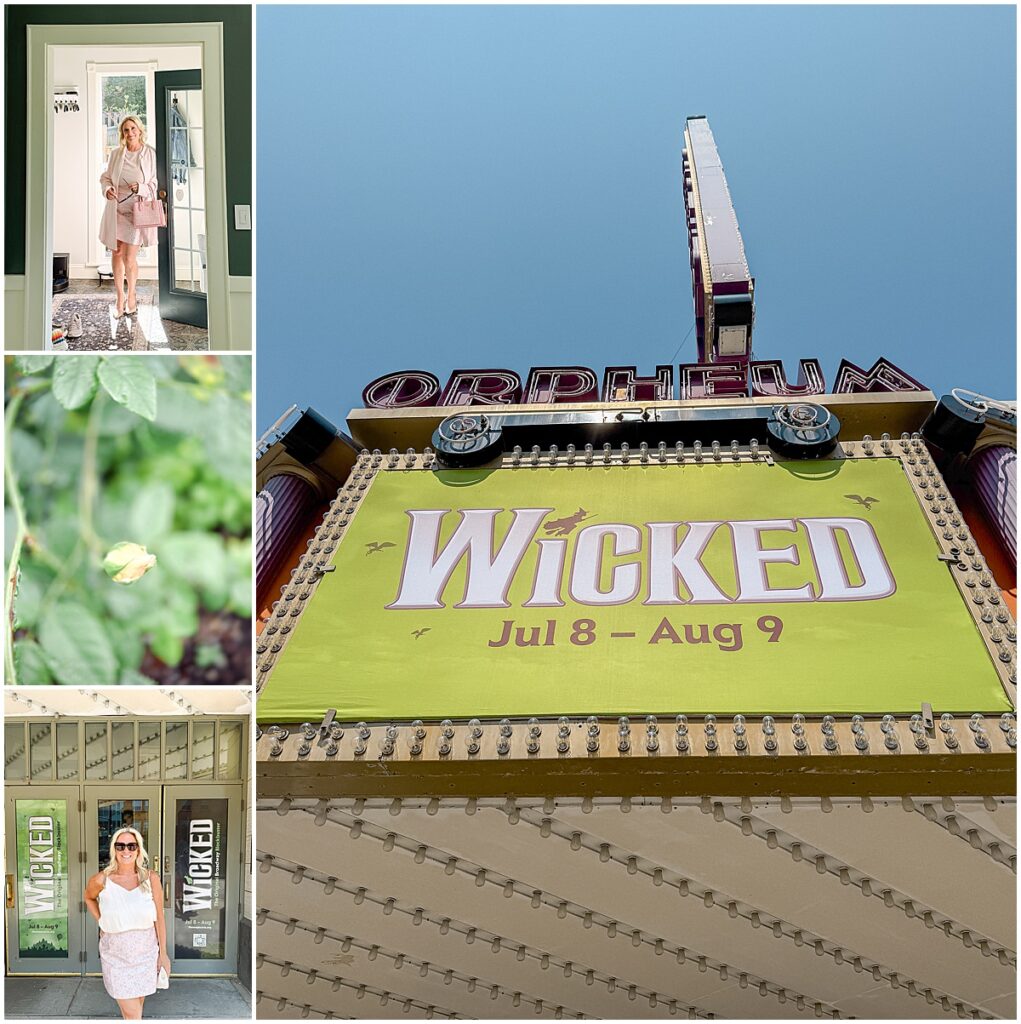 Collage of iPhone photos from a day out, including the Orpheum Theatre marquee for Wicked, a rosebud, and a woman dressed for the show