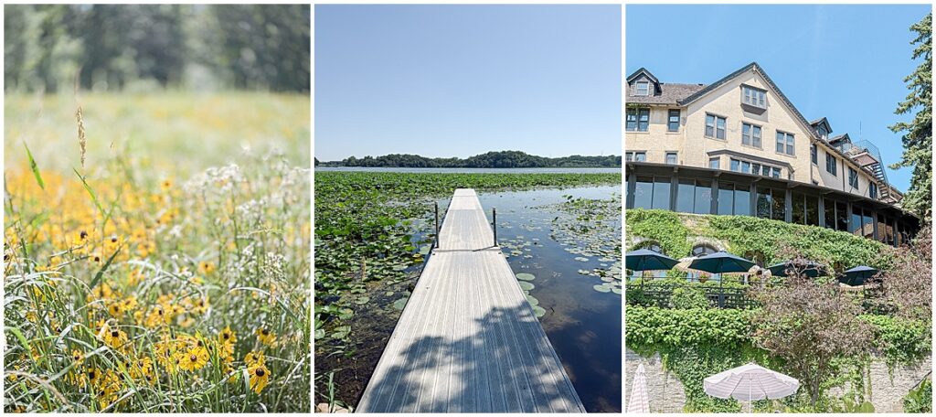 Collage of iPhone photos showing wildflowers, a dock on a Minnesota lake, and a historic building on a sunny summer day