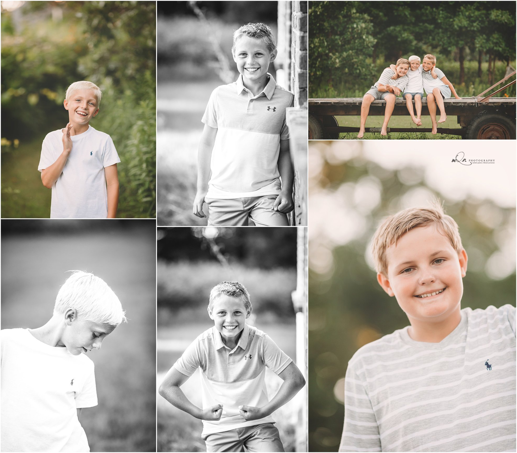 A collage of a young boy in various poses, exploring a nature setting and showcasing his playful personality.