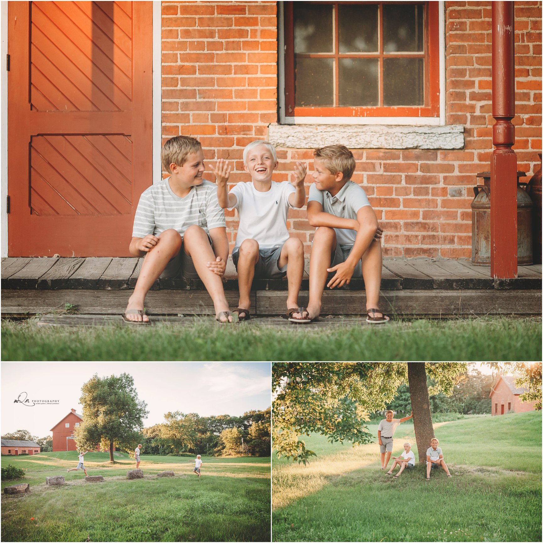 Three children sitting on a porch, smiling and chatting, with a scenic garden and a dog in the background.