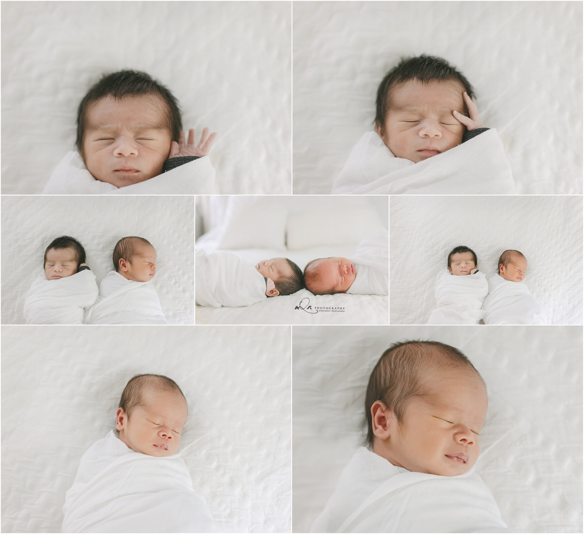 Collage of a sleeping newborn wrapped in a white blanket, showing different angles and close-ups.