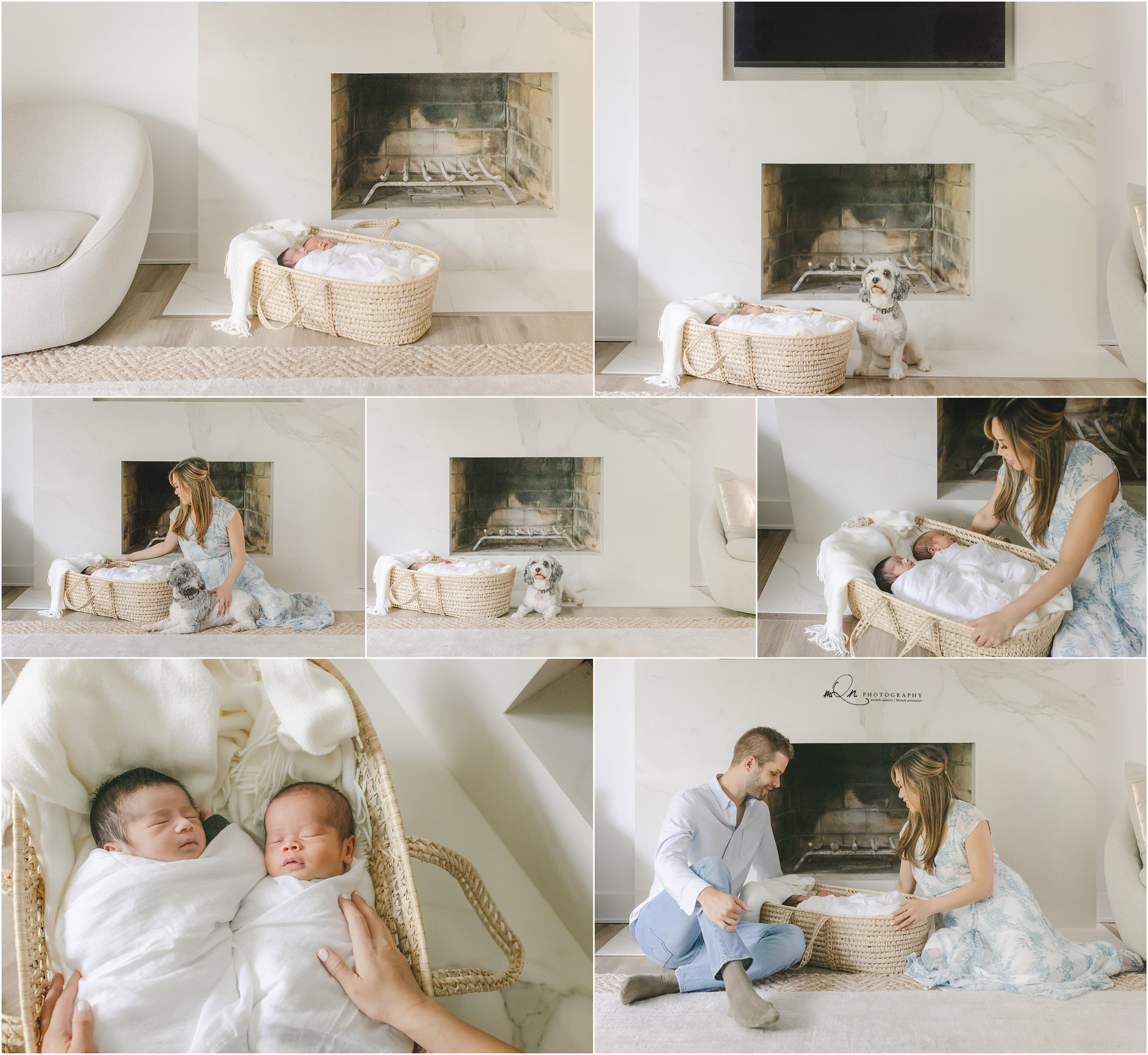 A collage of tender family moments with a baby in a cozy living room setting.