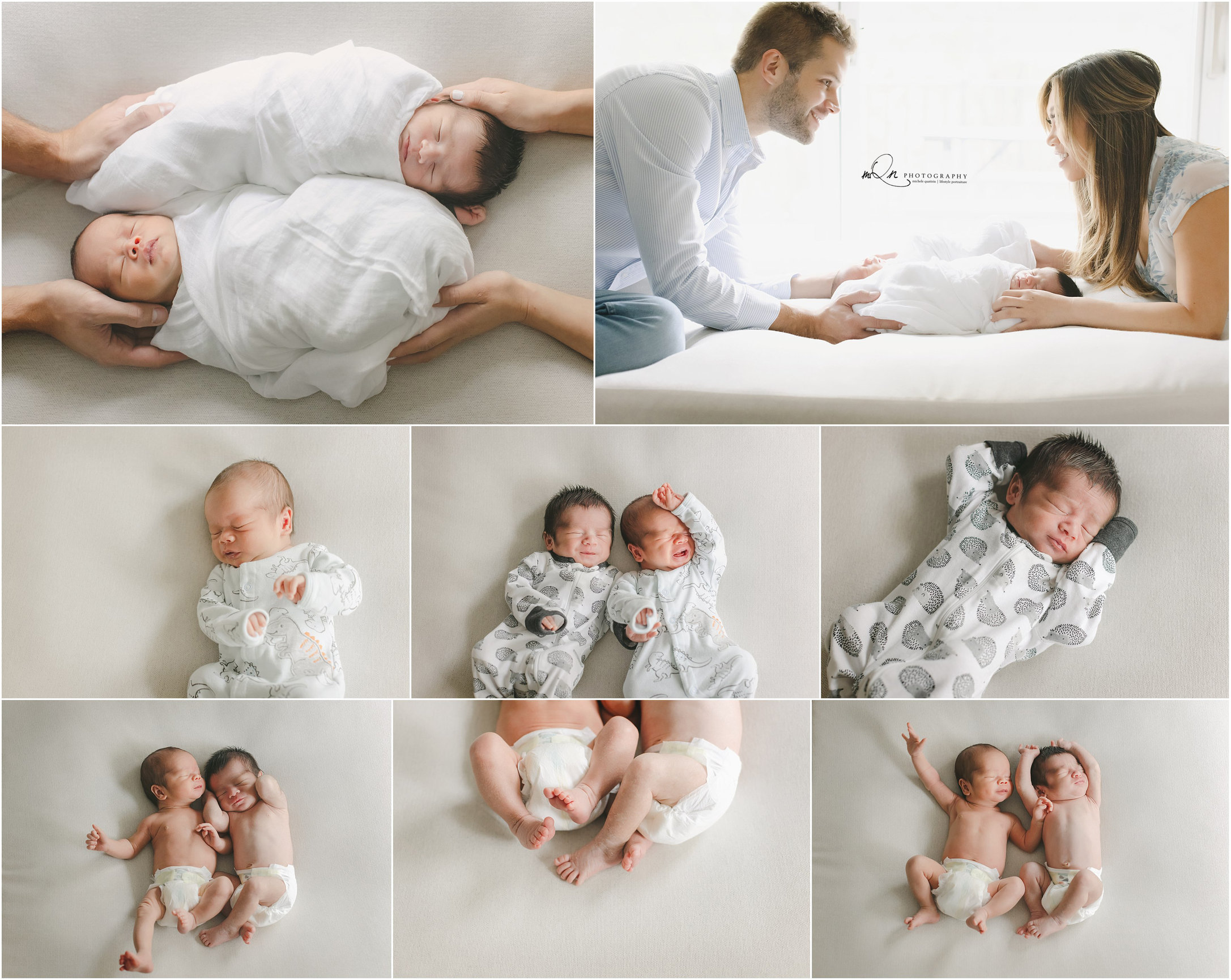 Collage of newborn twins with parents, wrapped in white blankets, and lying on a soft surface.