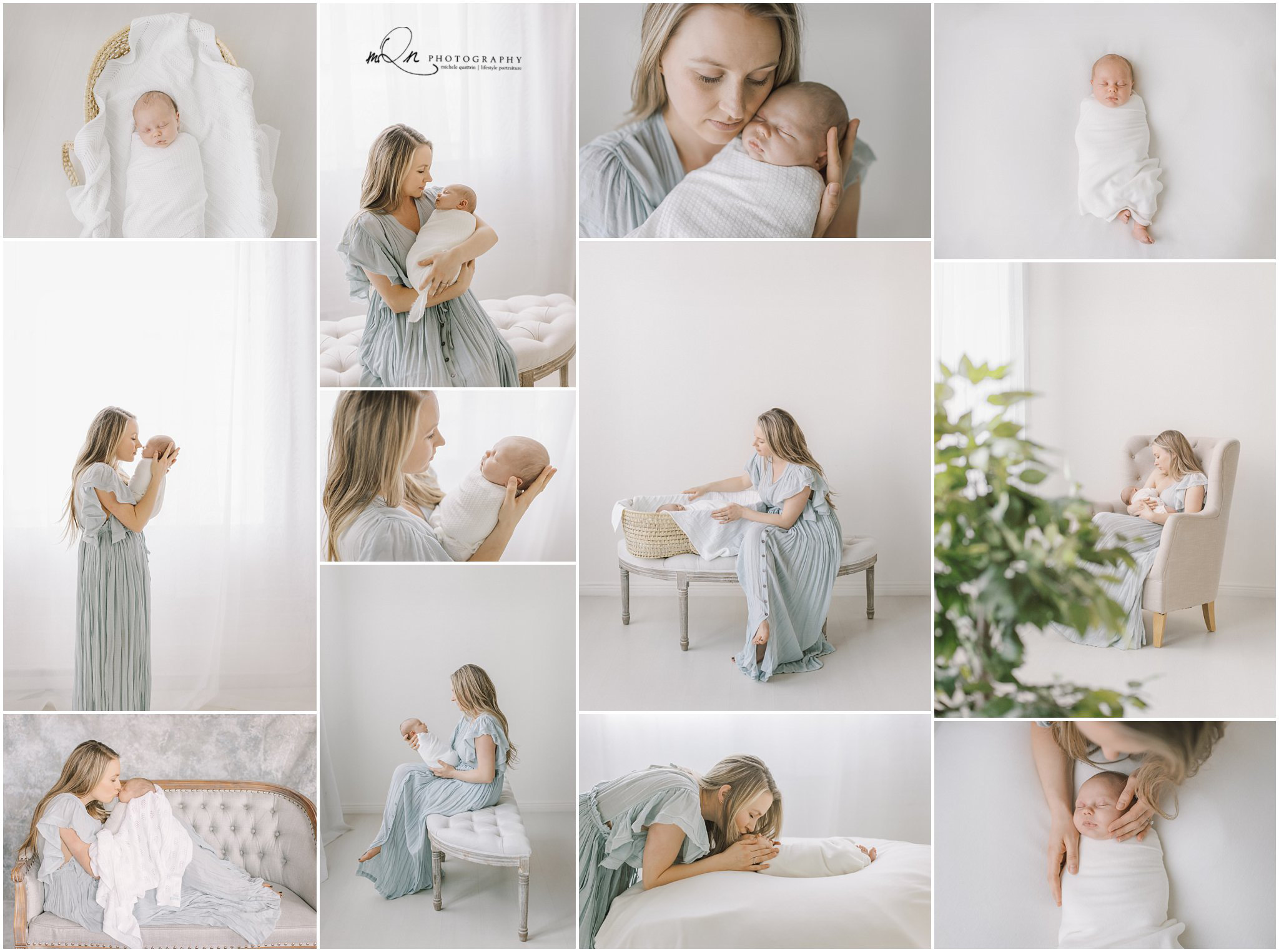 A collage of serene moments featuring a mother with her newborn in a soft, light-filled setting.