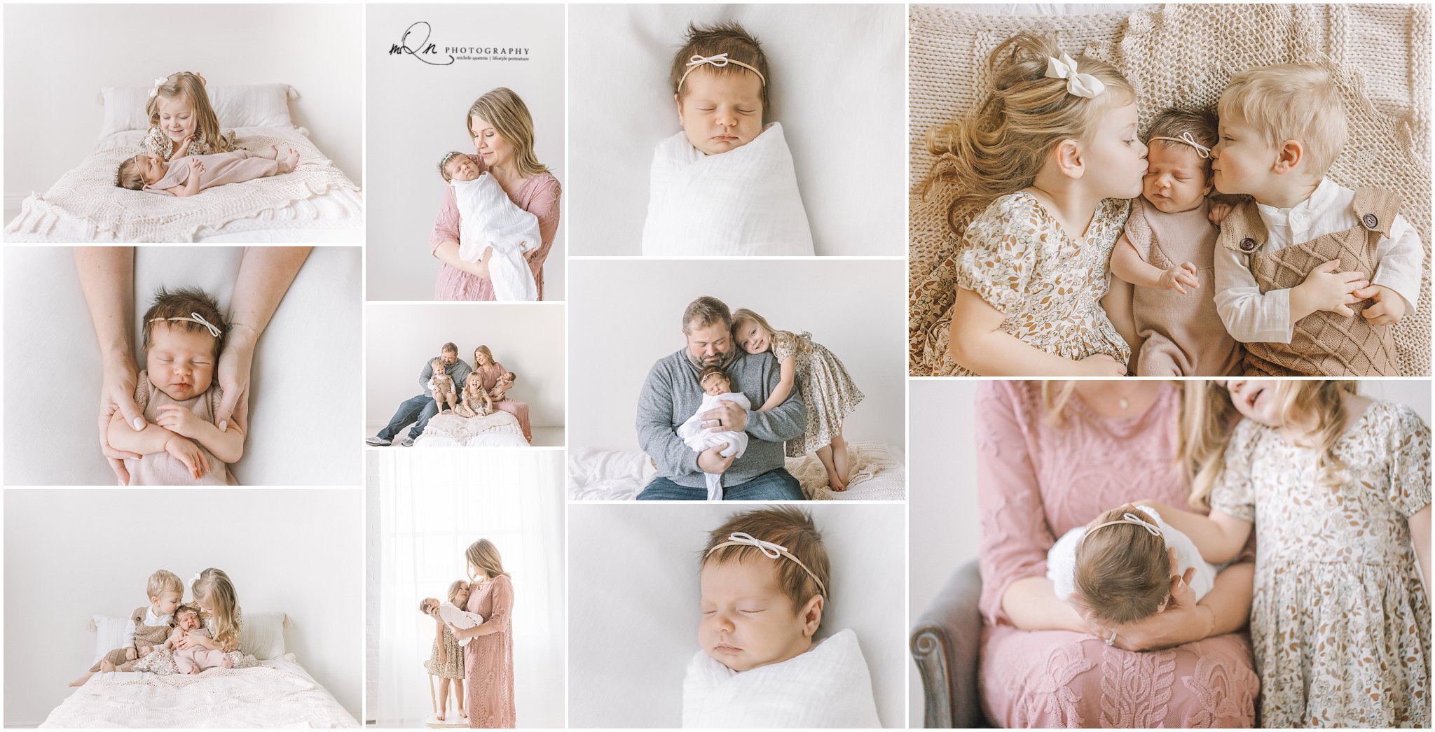 Collage of family portraits featuring infants and young children, capturing tender moments and joyful interactions.