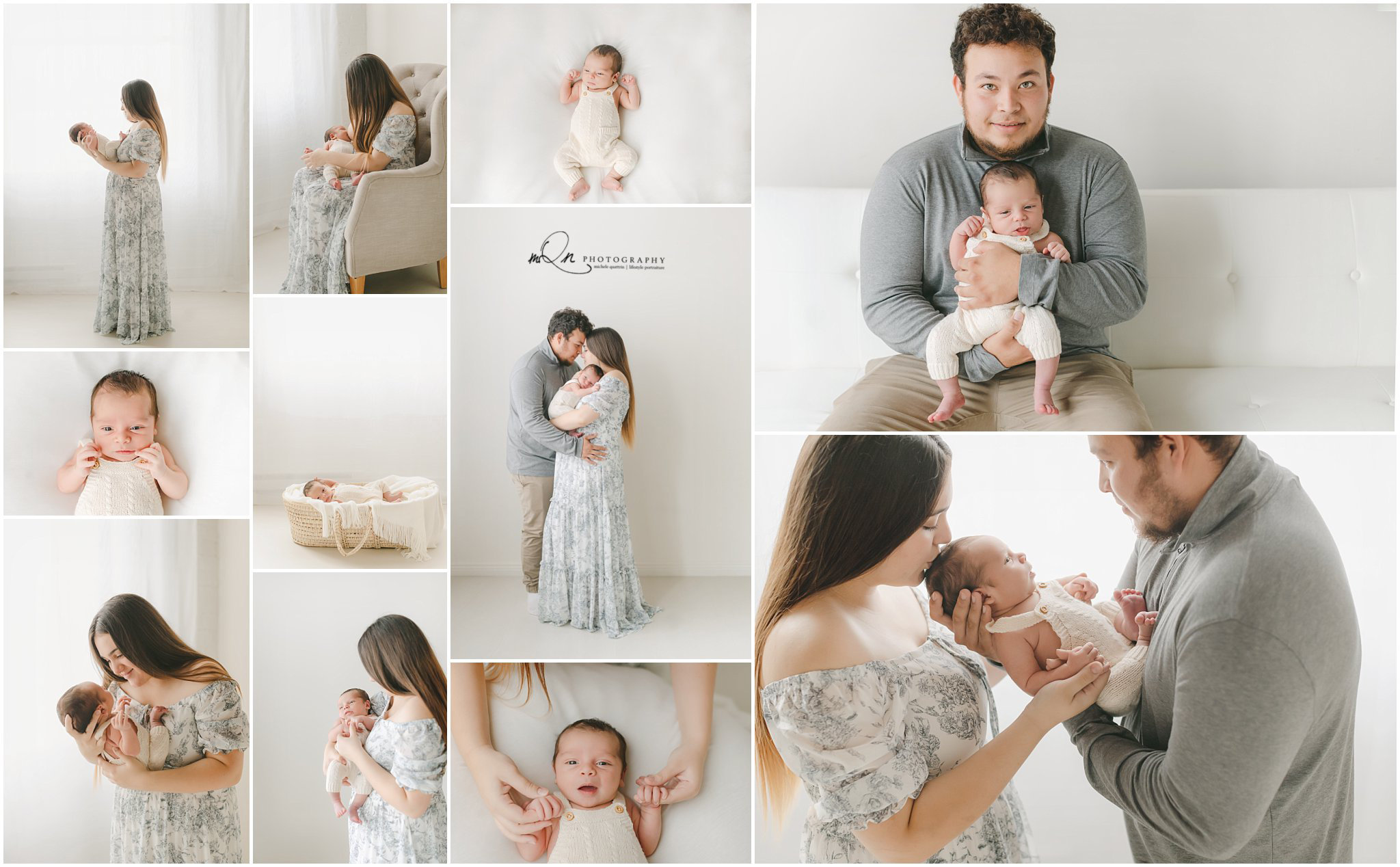 A collage of a family with a baby, featuring moments of cuddling and holding in a bright, simple setting.