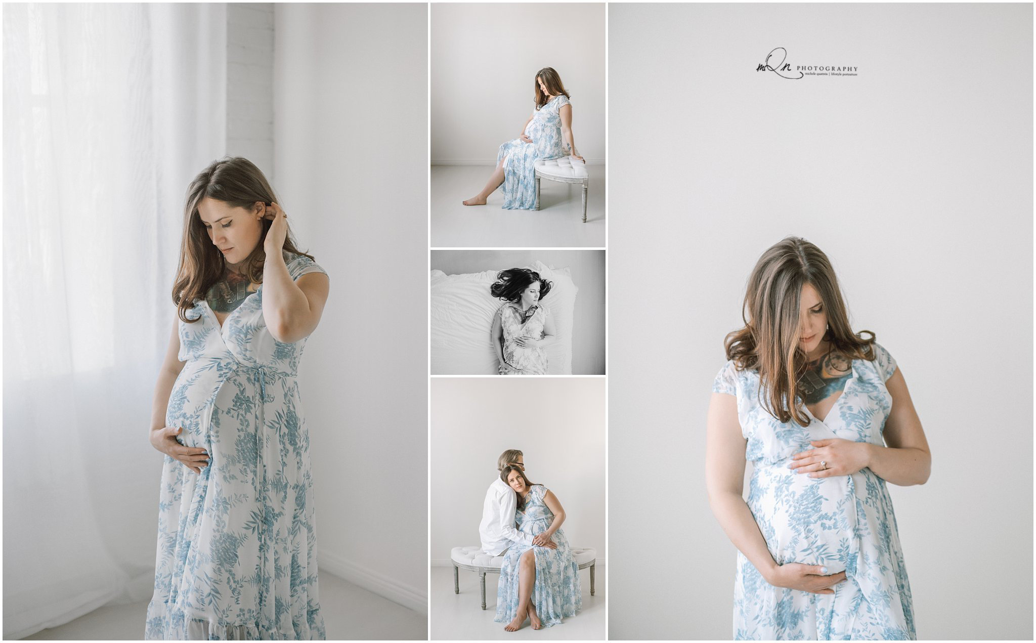 Maternity images showing a mom in a blue and white dress