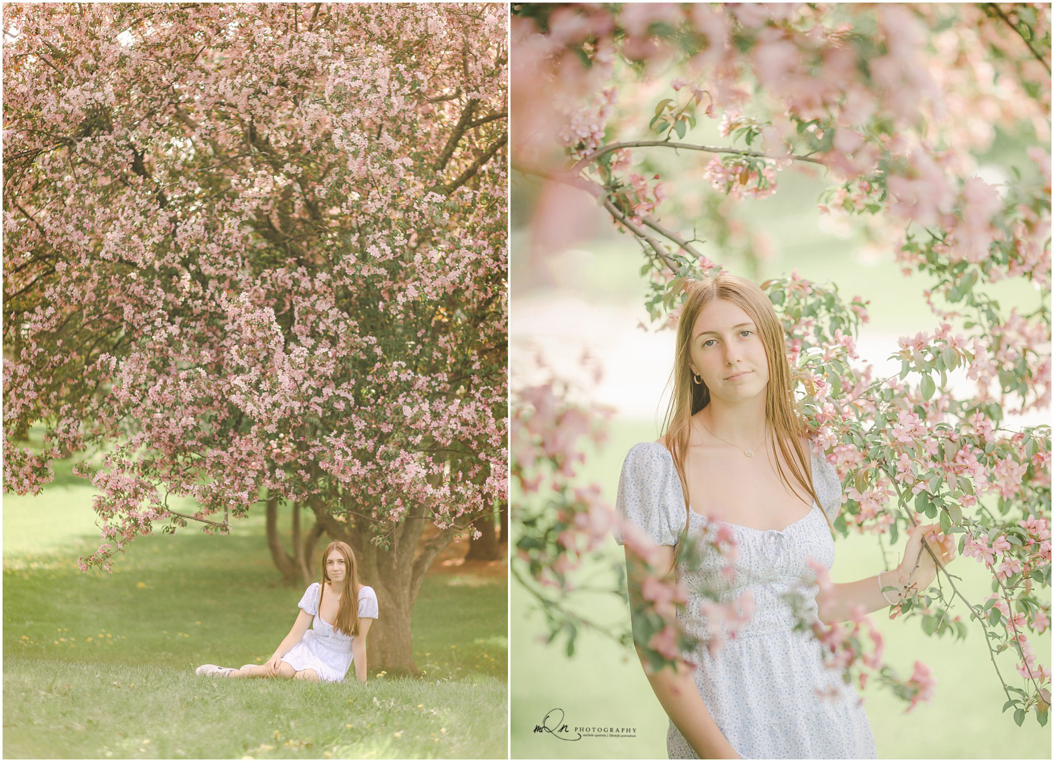 teen girl in front of large pink tree at Como Park in St. paul