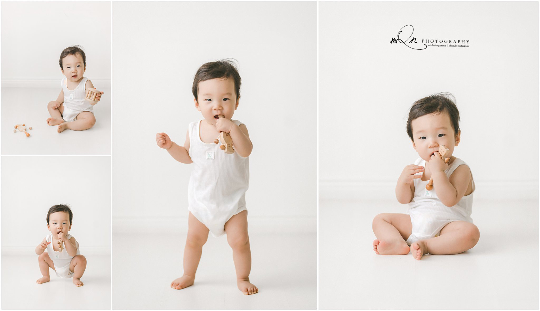 toddler boy in white onesie