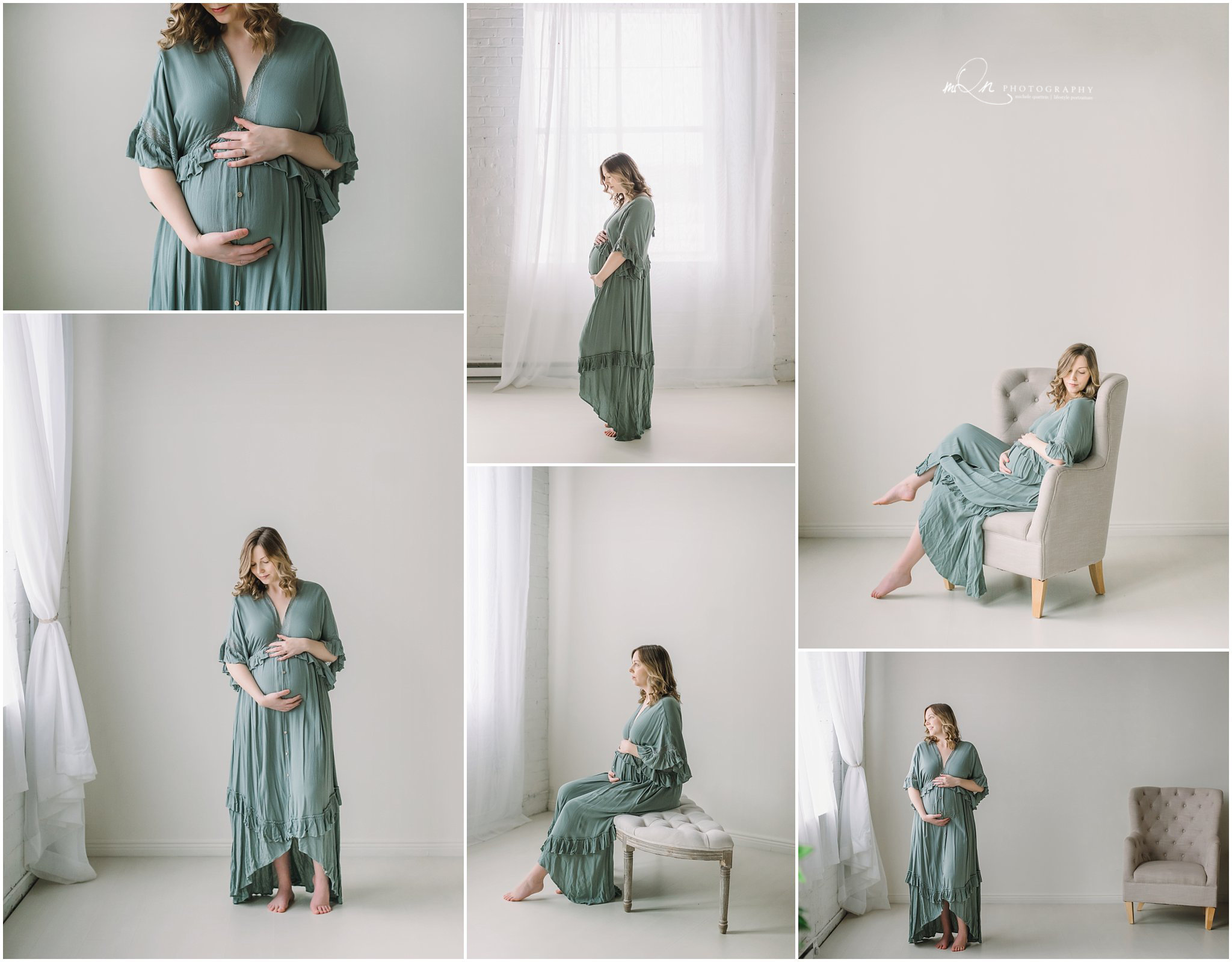 Pregnant mama wearing green for her maternity photos