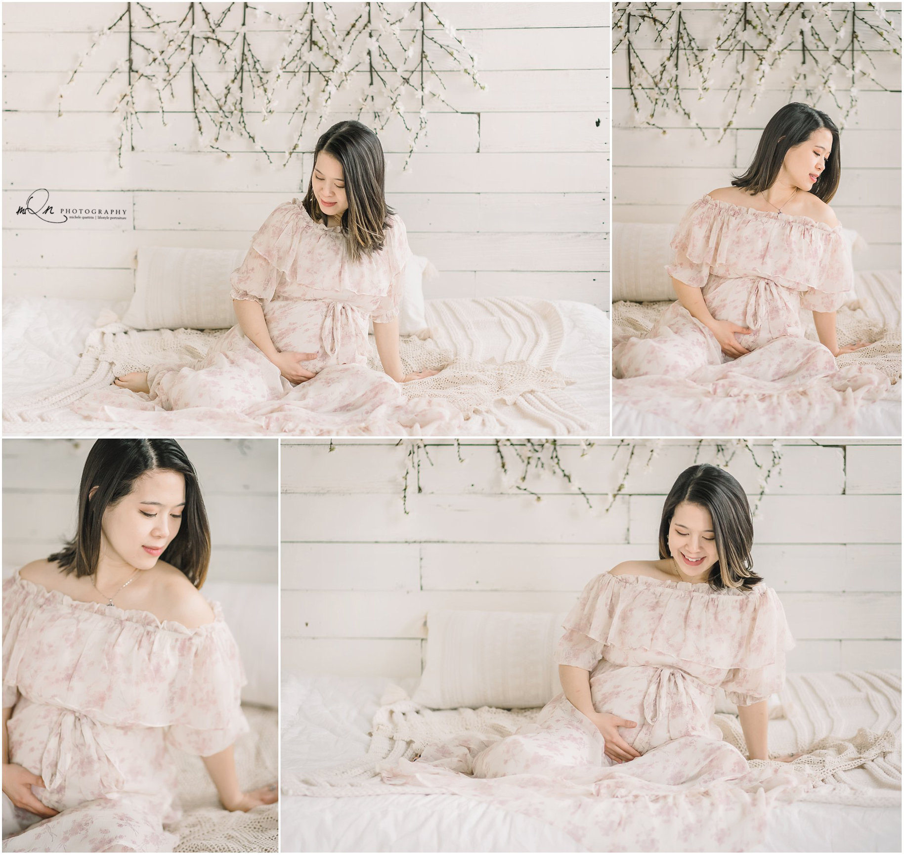 maternity photos with a flower type backdrop