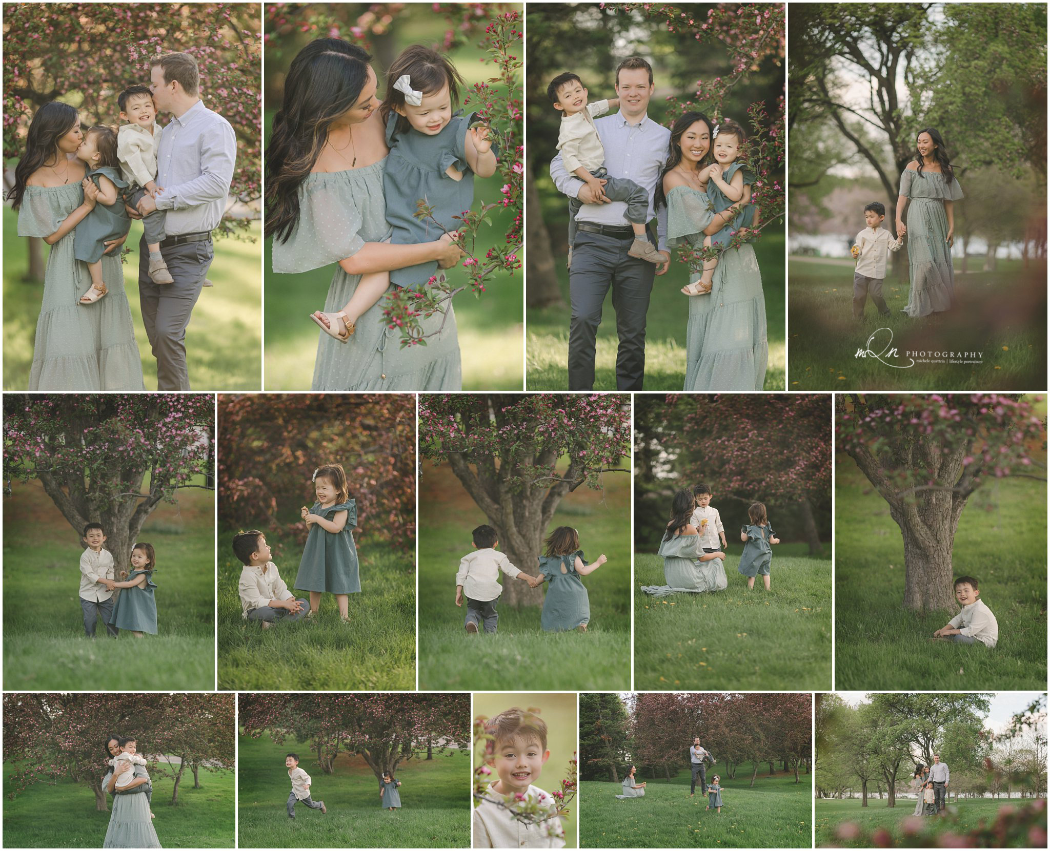 family at como park enjoying the day among the blossoms
