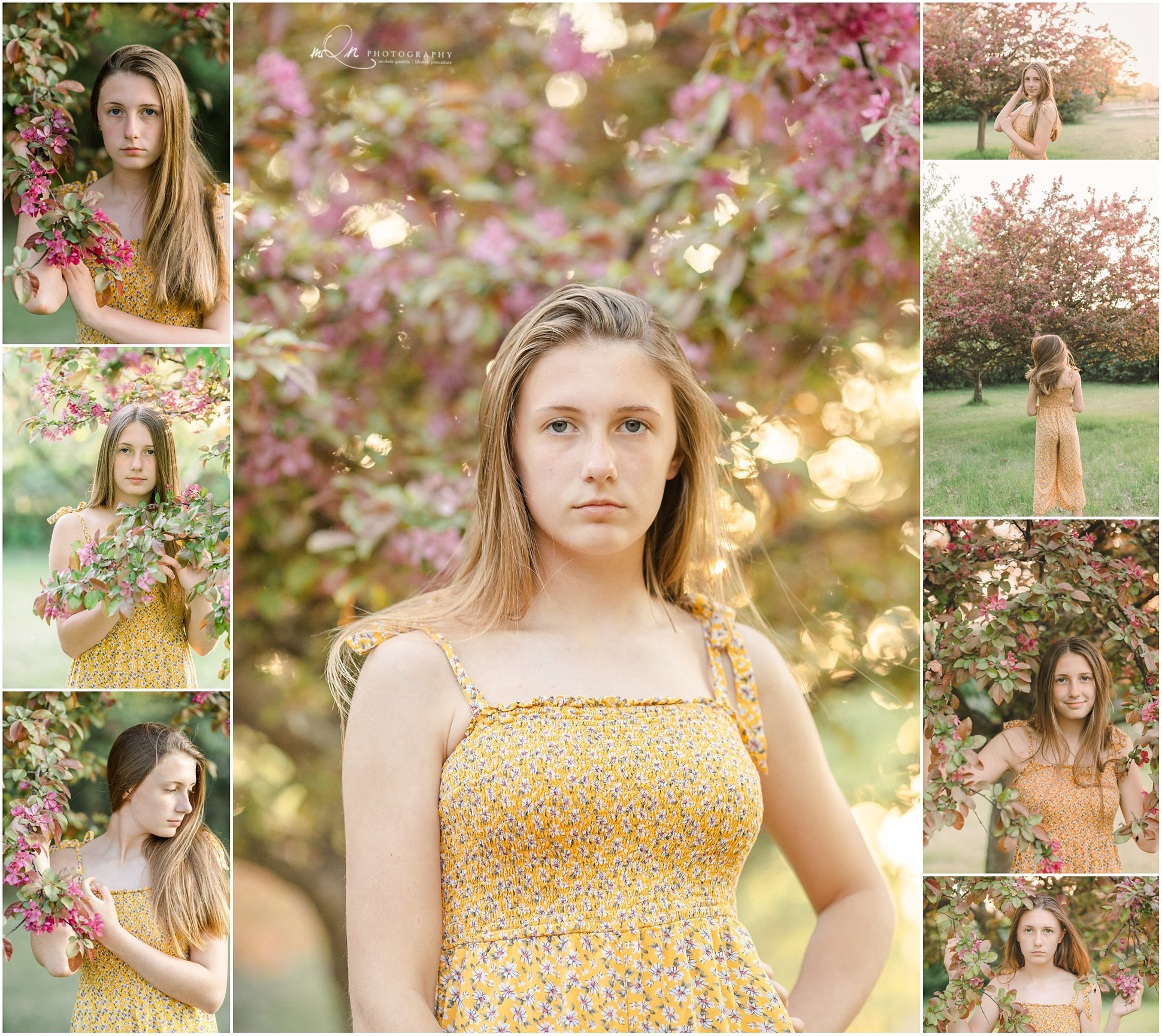 teen girl at spring with blooms