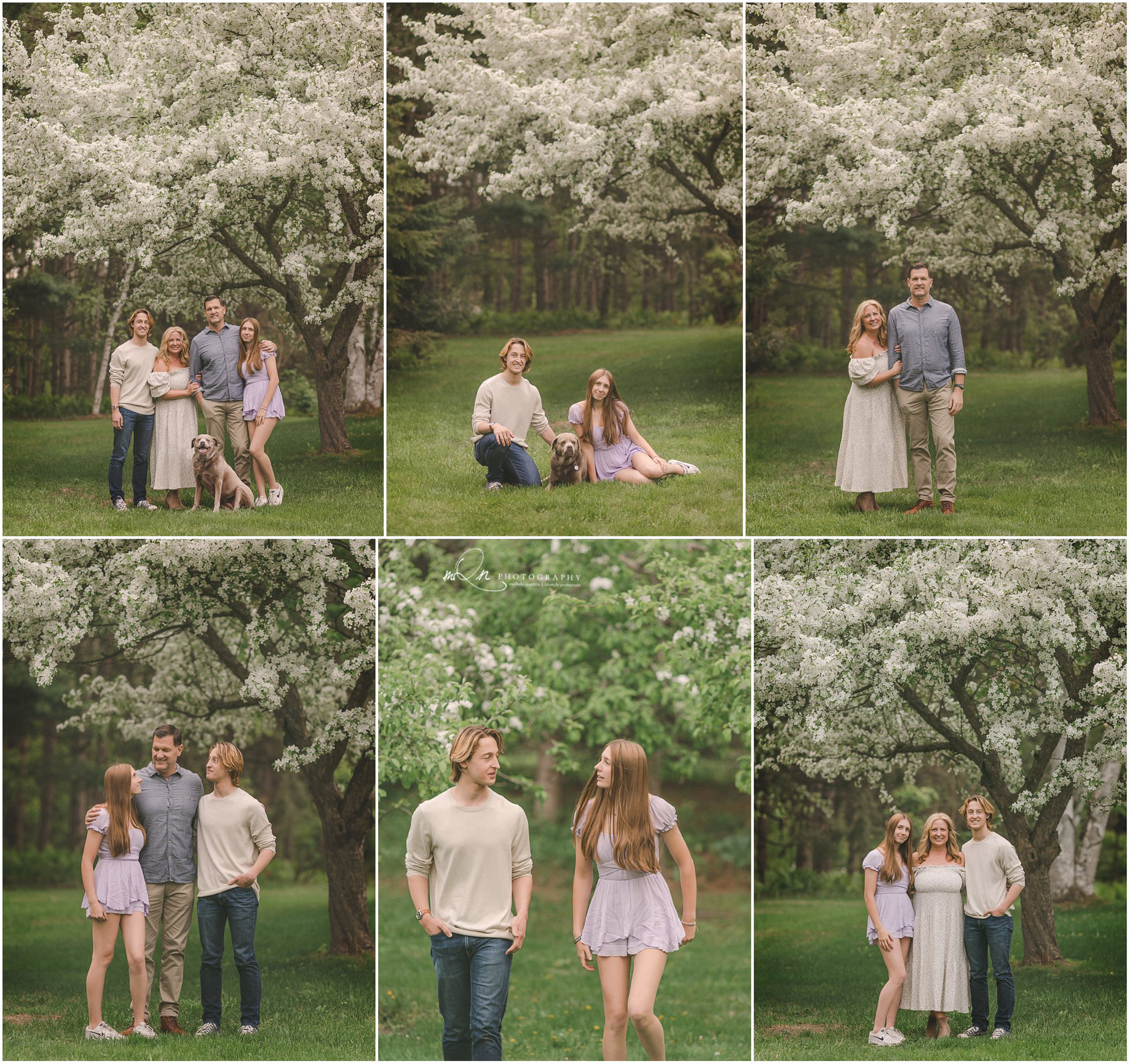 Family in front of white blooming tree in Forest Lake