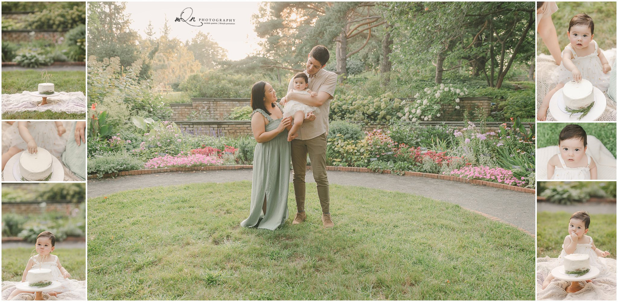 Family celebrating baby's first birthday in a garden