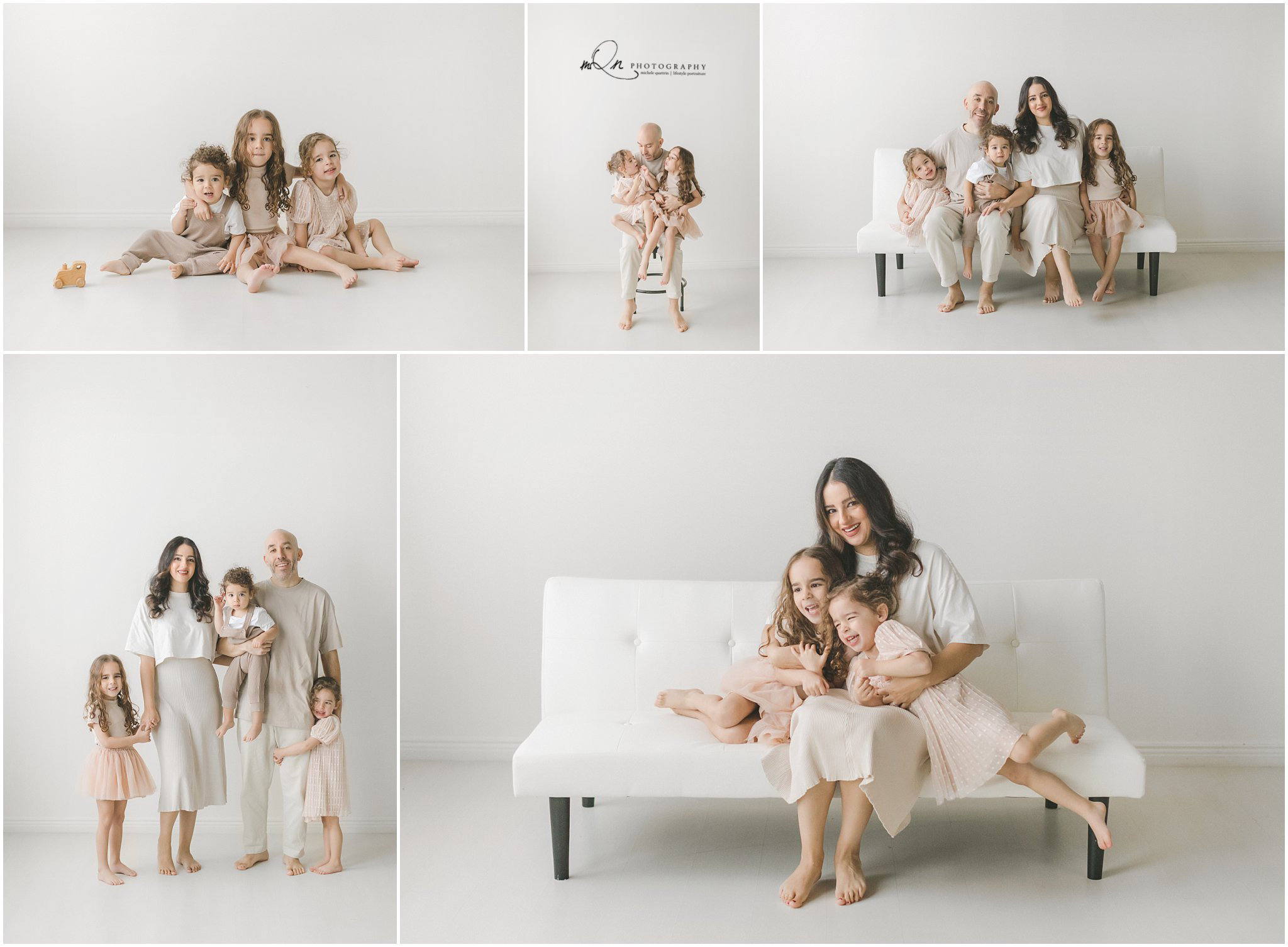 Family photos in a white studio