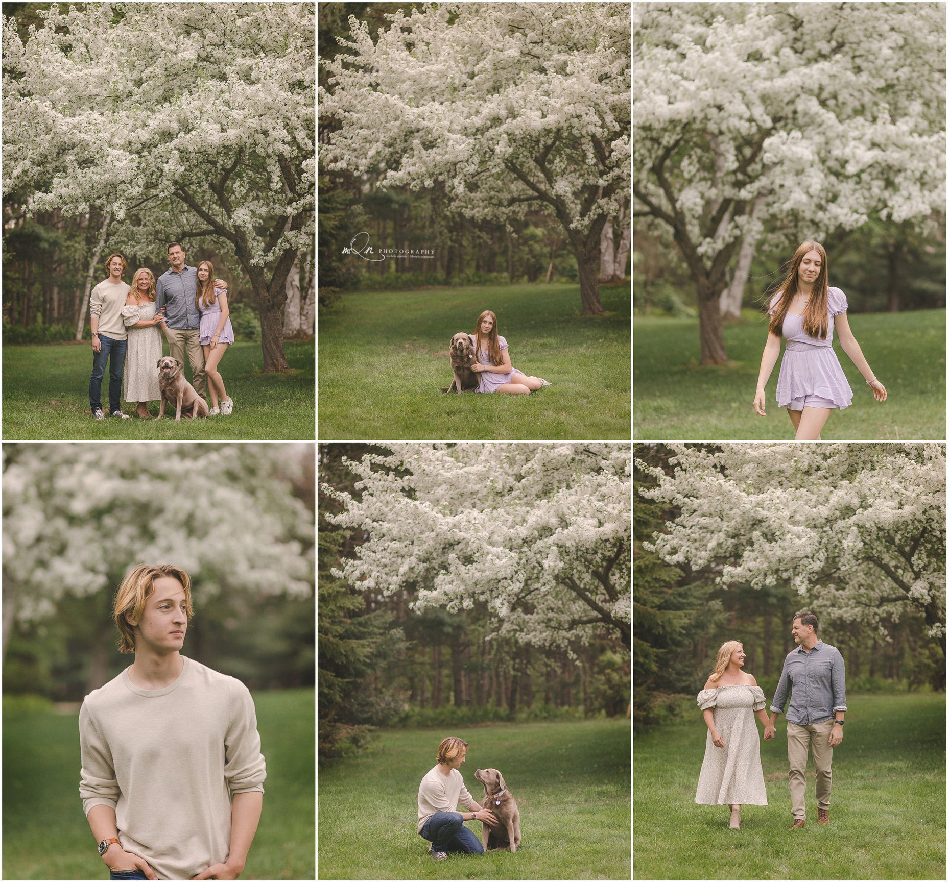 family in front of white blossom tree
