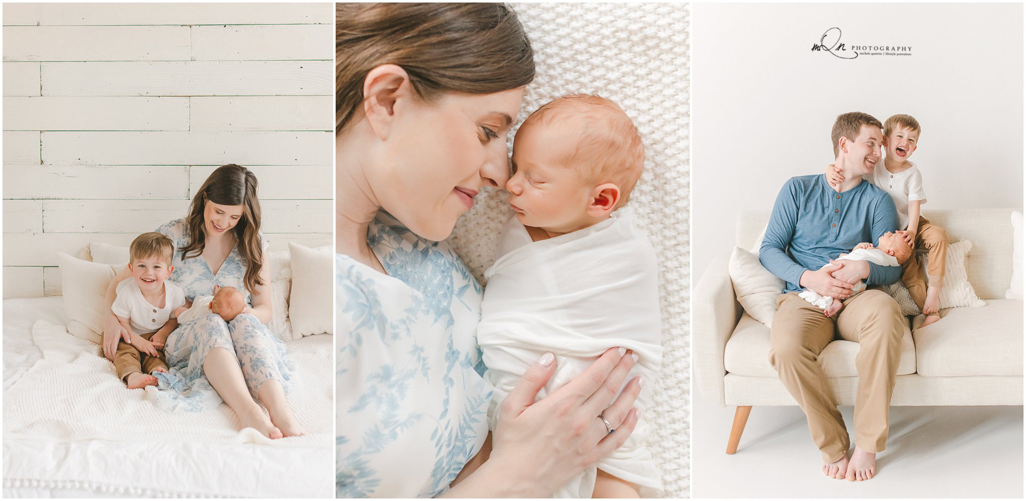 family with newborn in white studio