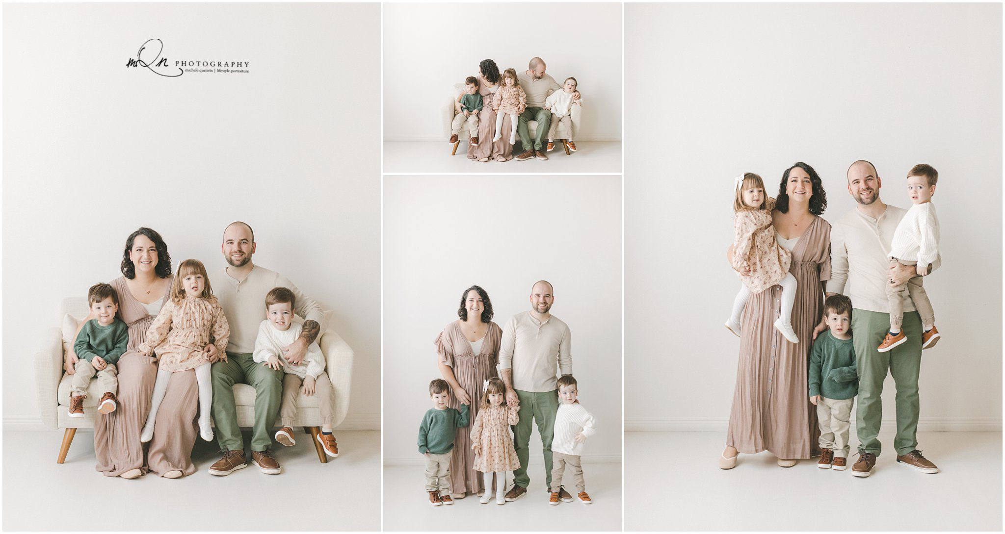 family photos in a white studio with triplets