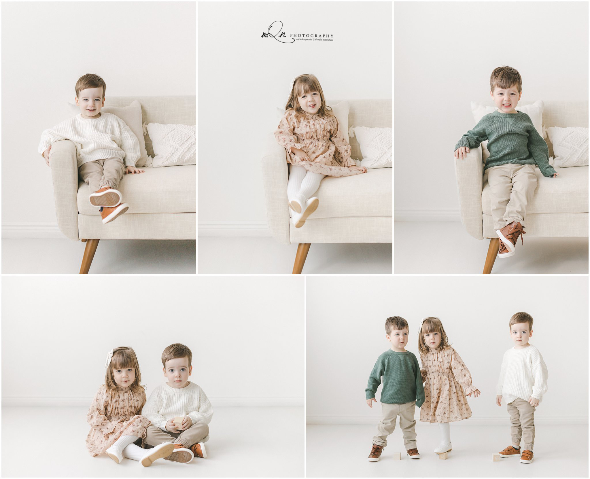 portraits of triplets in a white studio