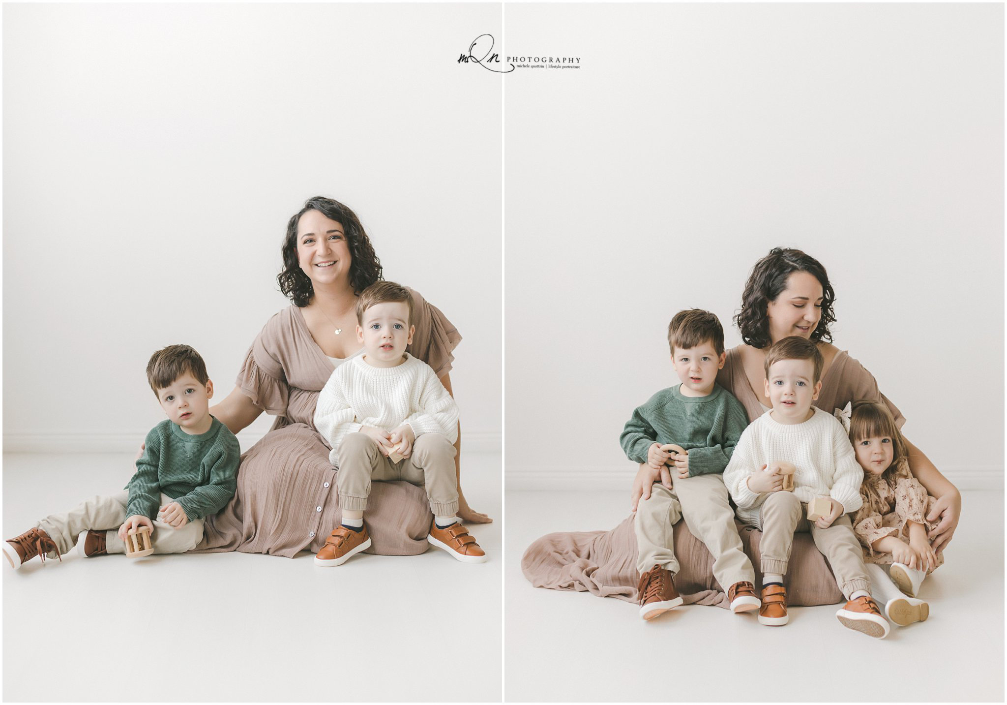 mom with triplets in white studio