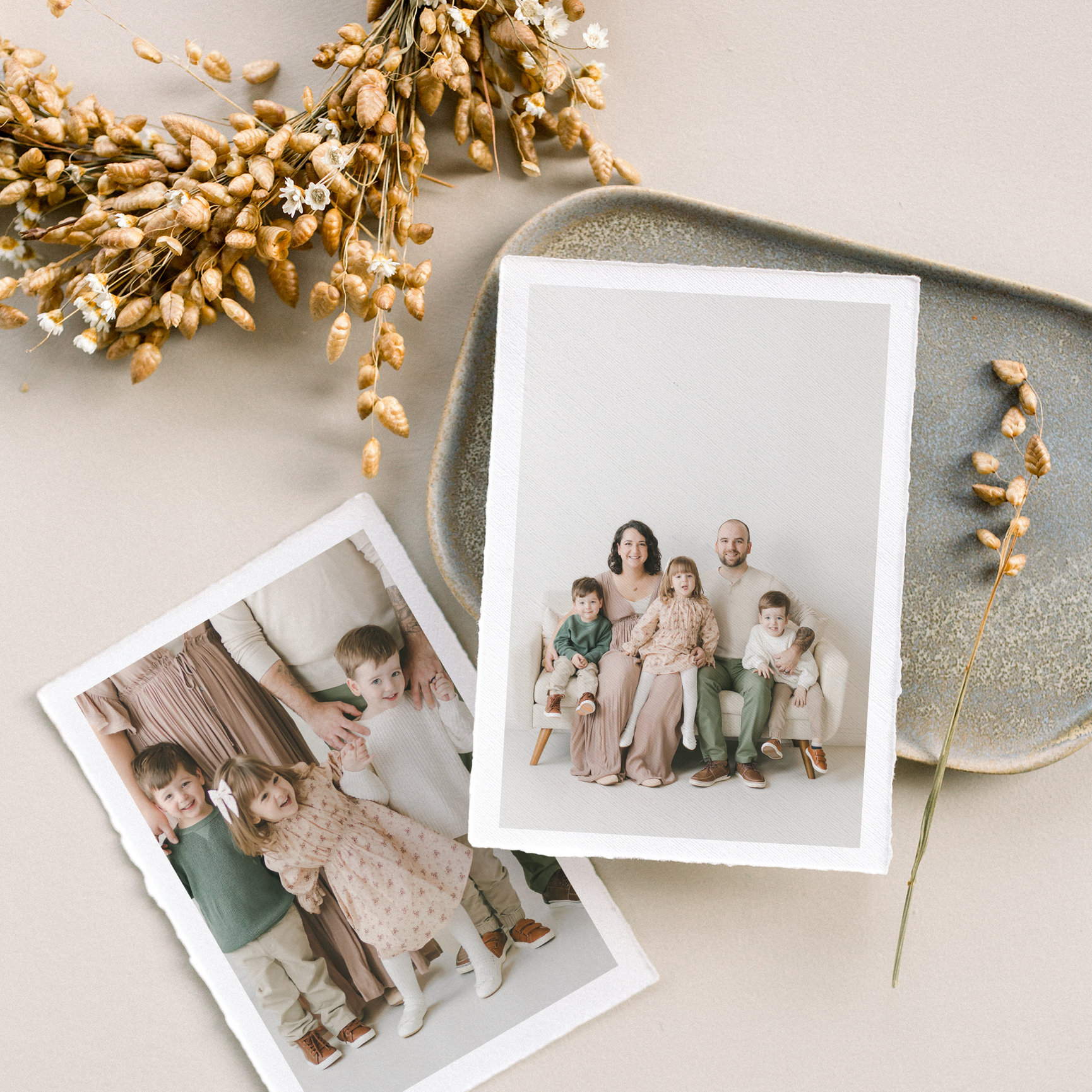 photo prints of a family with triplets