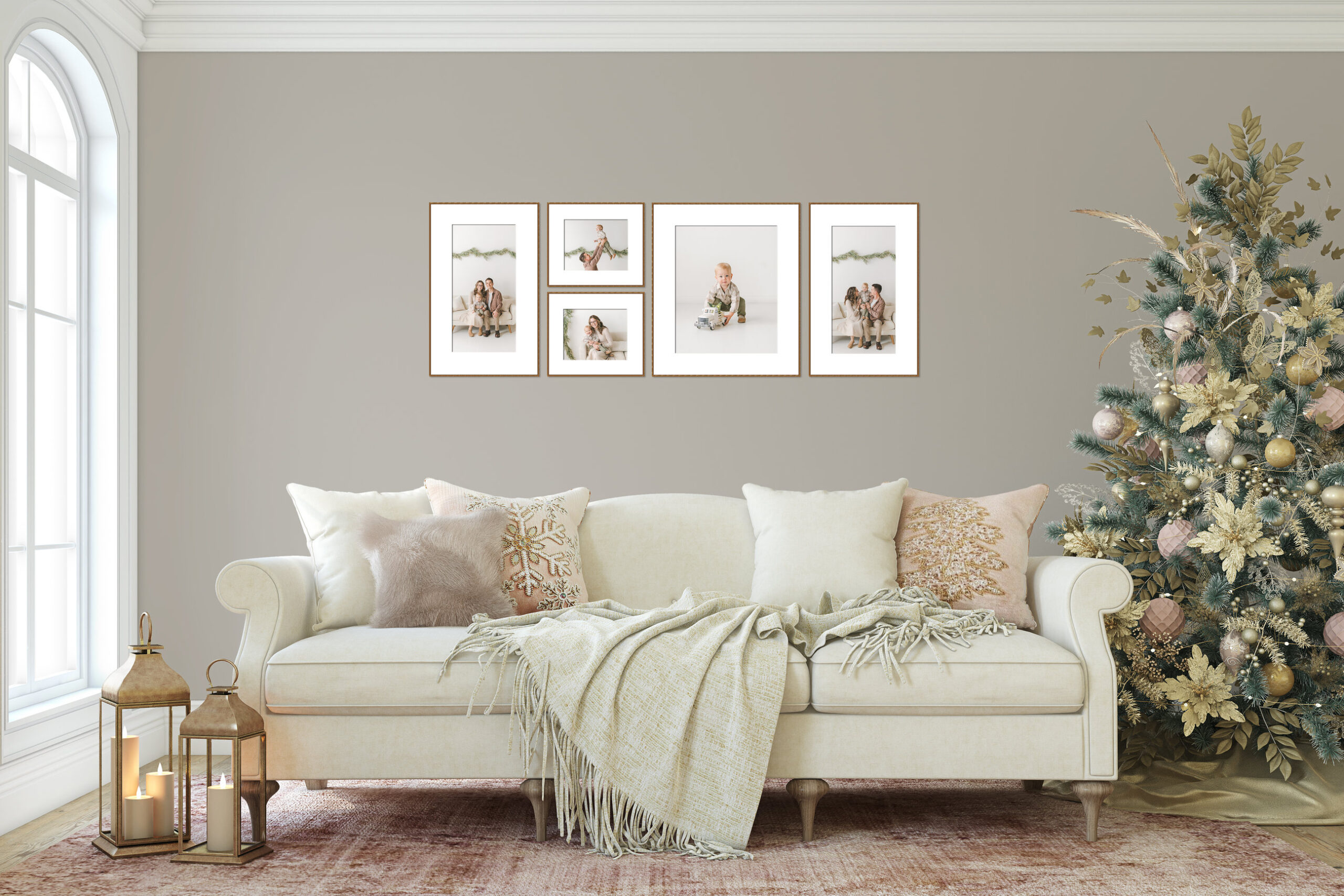 holiday photos framed on the wall