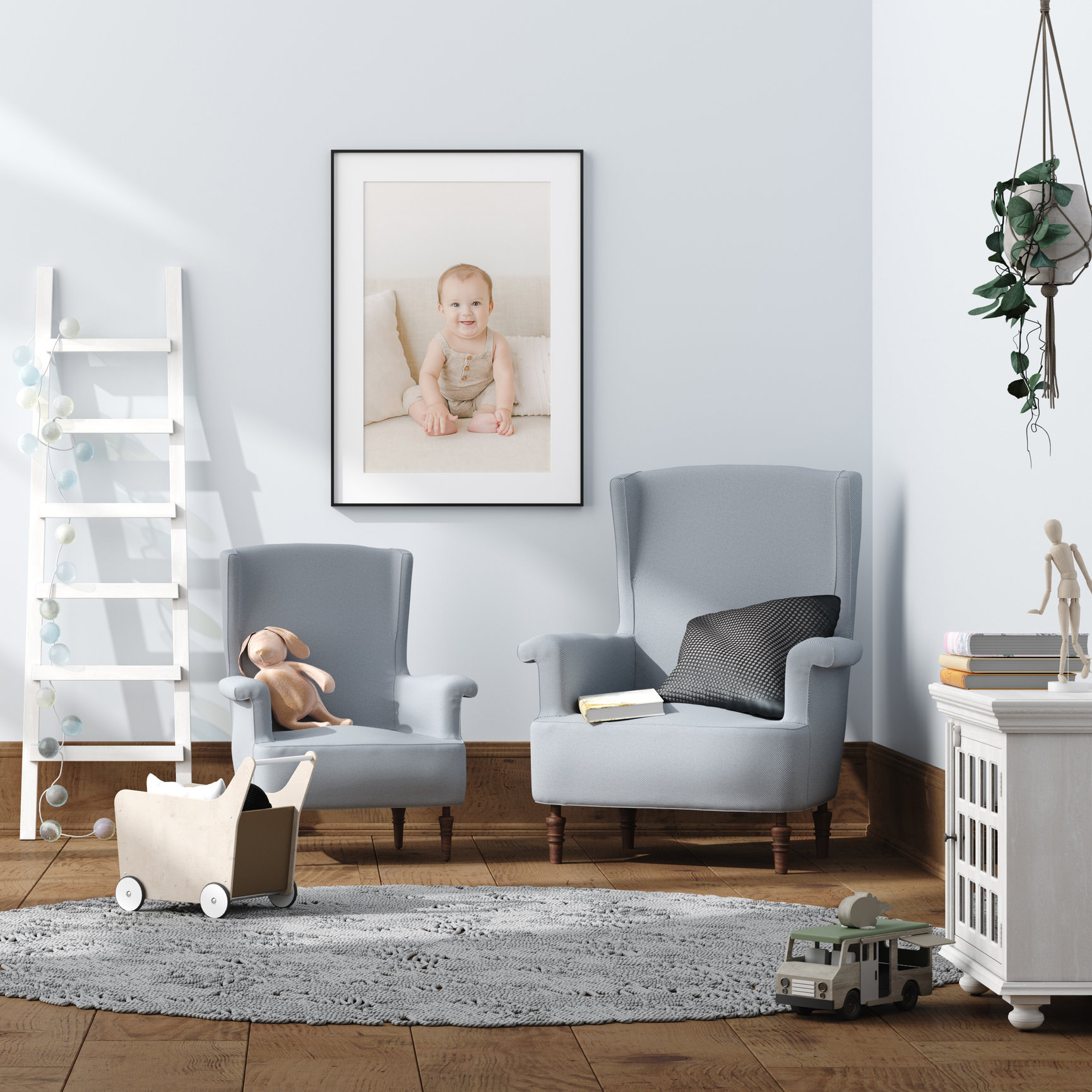 large framed print of baby in nursery