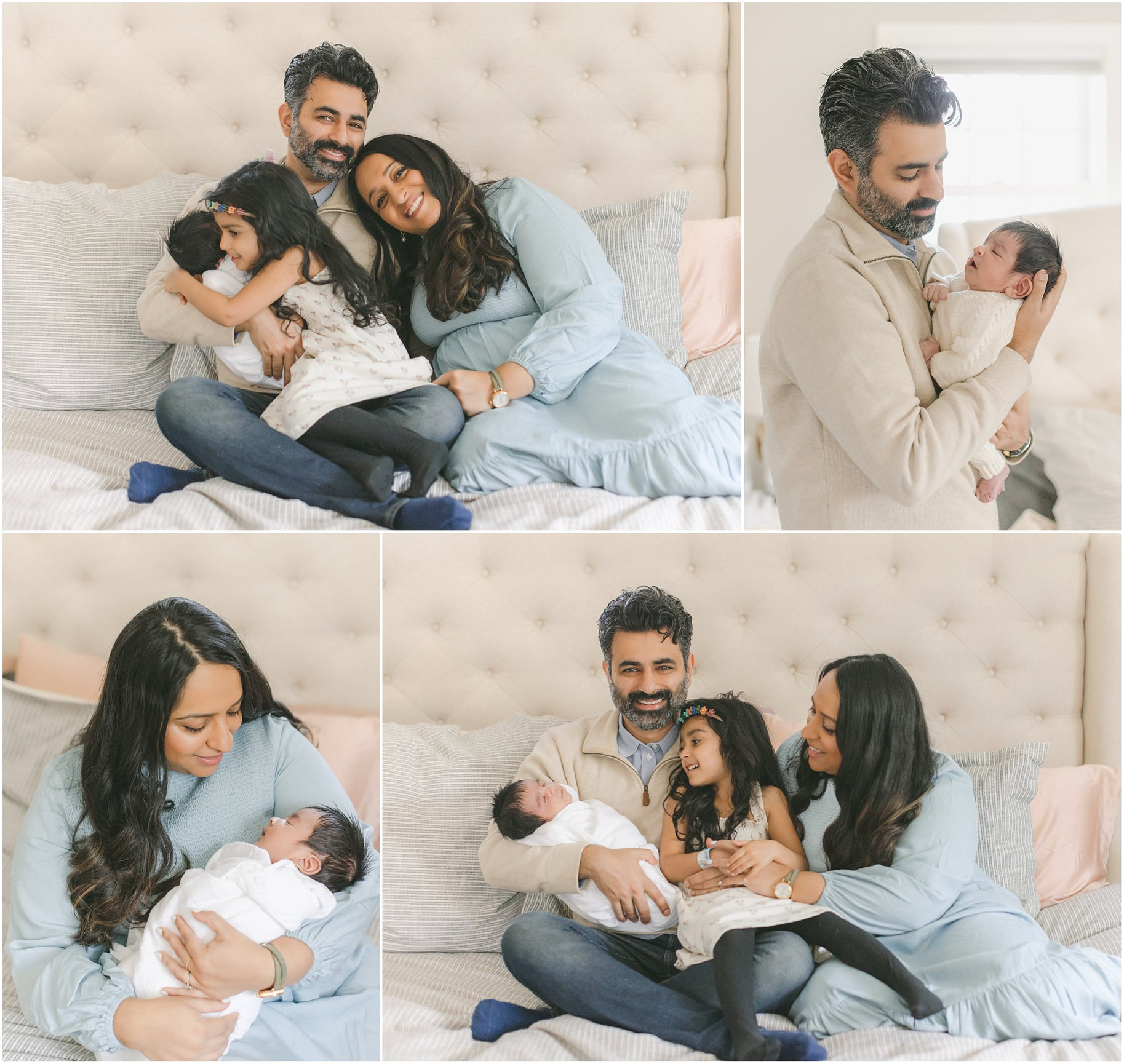 Family in home newborn photo session in the primary bedroom
