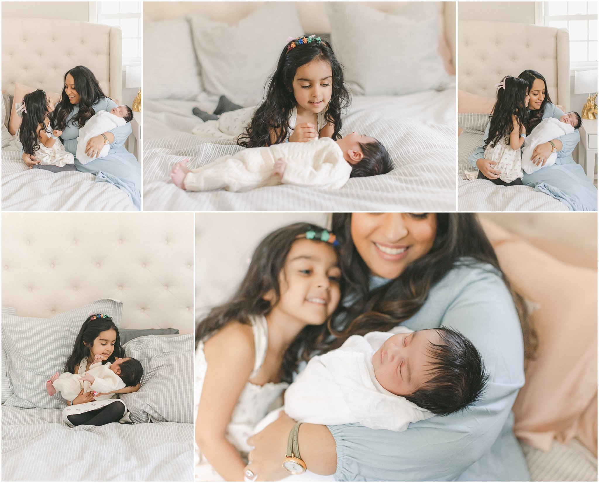 mom with children in the primary bedroom for an in home newborn photo session