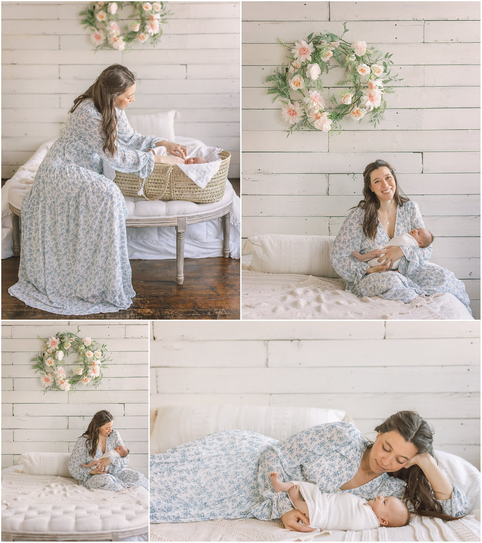 Minnesota mom with newborn baby on bed in studio