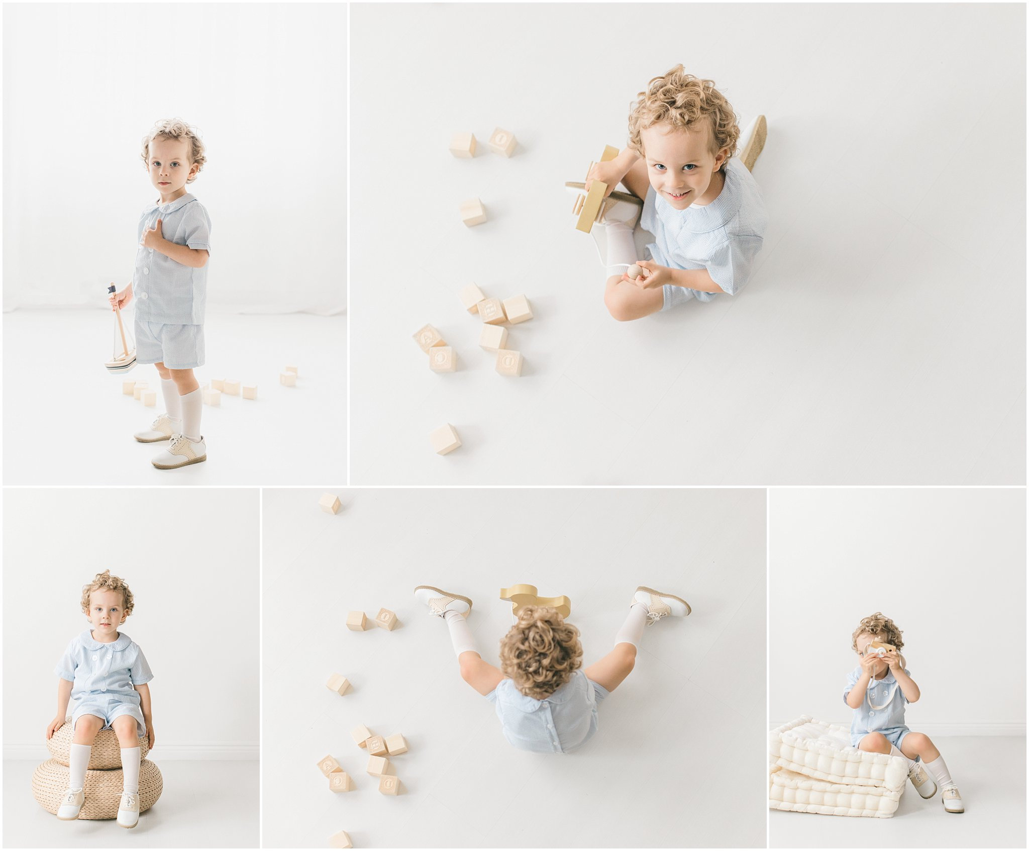 3 year old boy playing with wooden toys for photo session in Minneapolis studio