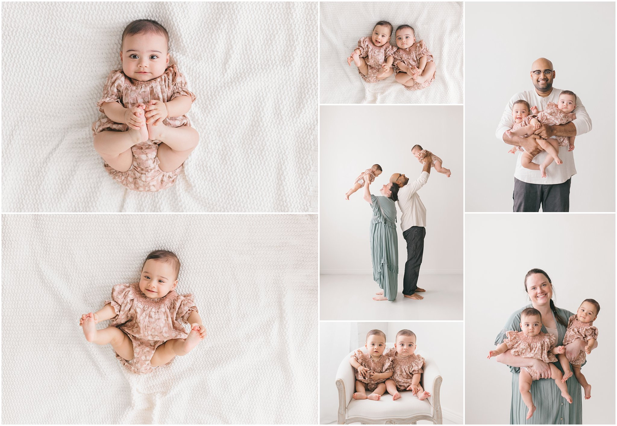 twin girls in pink rompers from Rylee and cru photographer Michele Quattrin