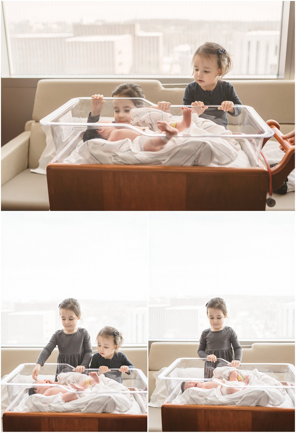 siblings look on to their newborn sister in the hospital