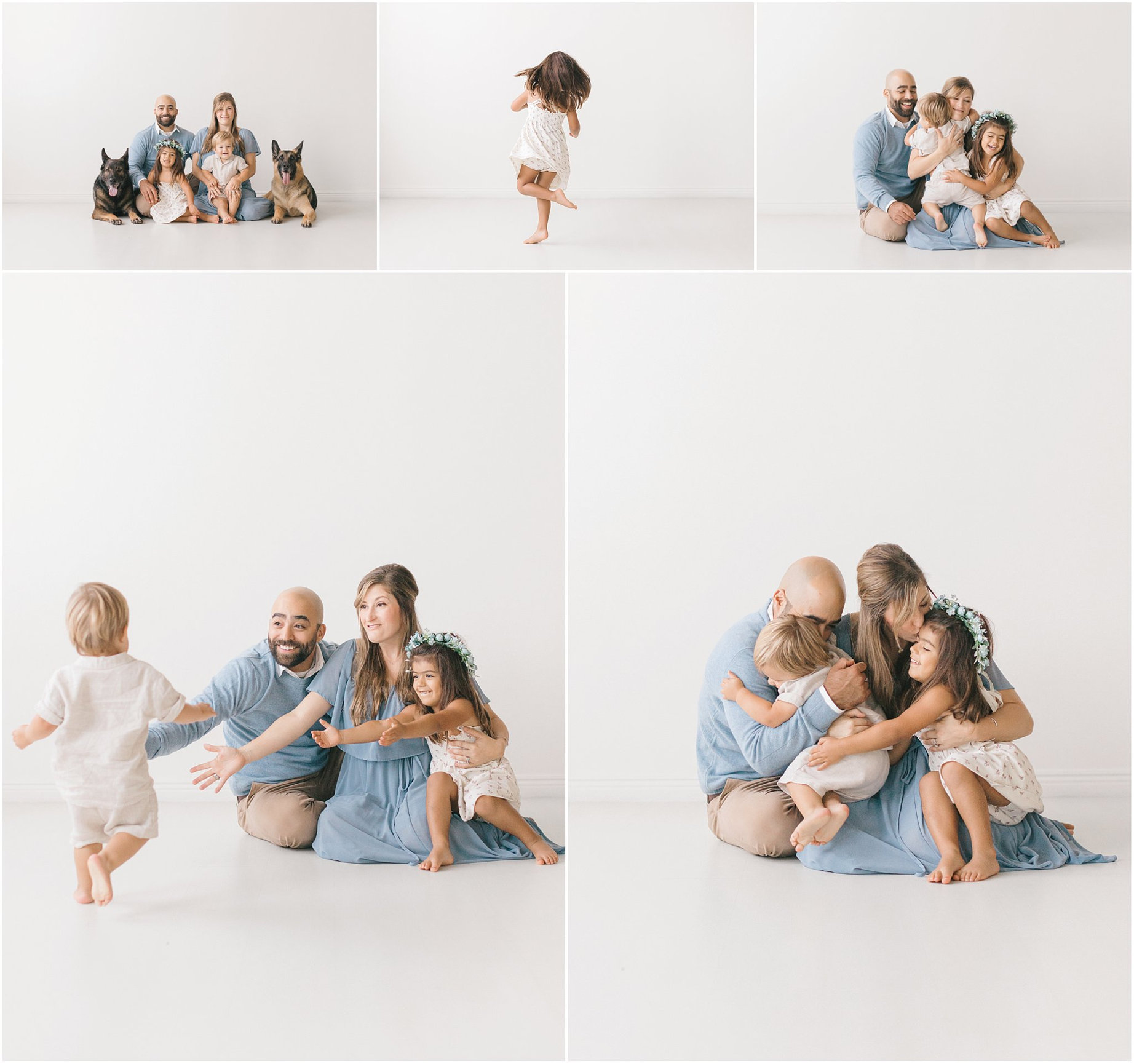 Studio family photos in Minnesota have never looked so sweet. A cozy session with a relaxed family, beautiful wardrobe, and the best-behaved dogs around.