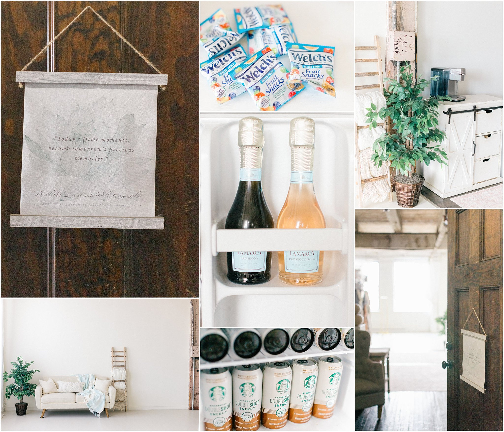 A cozy interior featuring a wall scroll, drinks in a fridge, and a potted plant, enhancing a welcoming atmosphere.