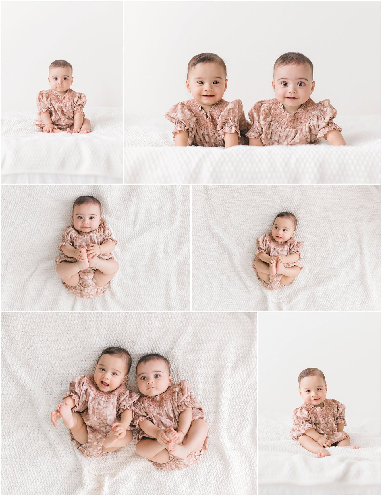 Two infants in matching outfits pose together on a white blanket, showcasing various adorable expressions.