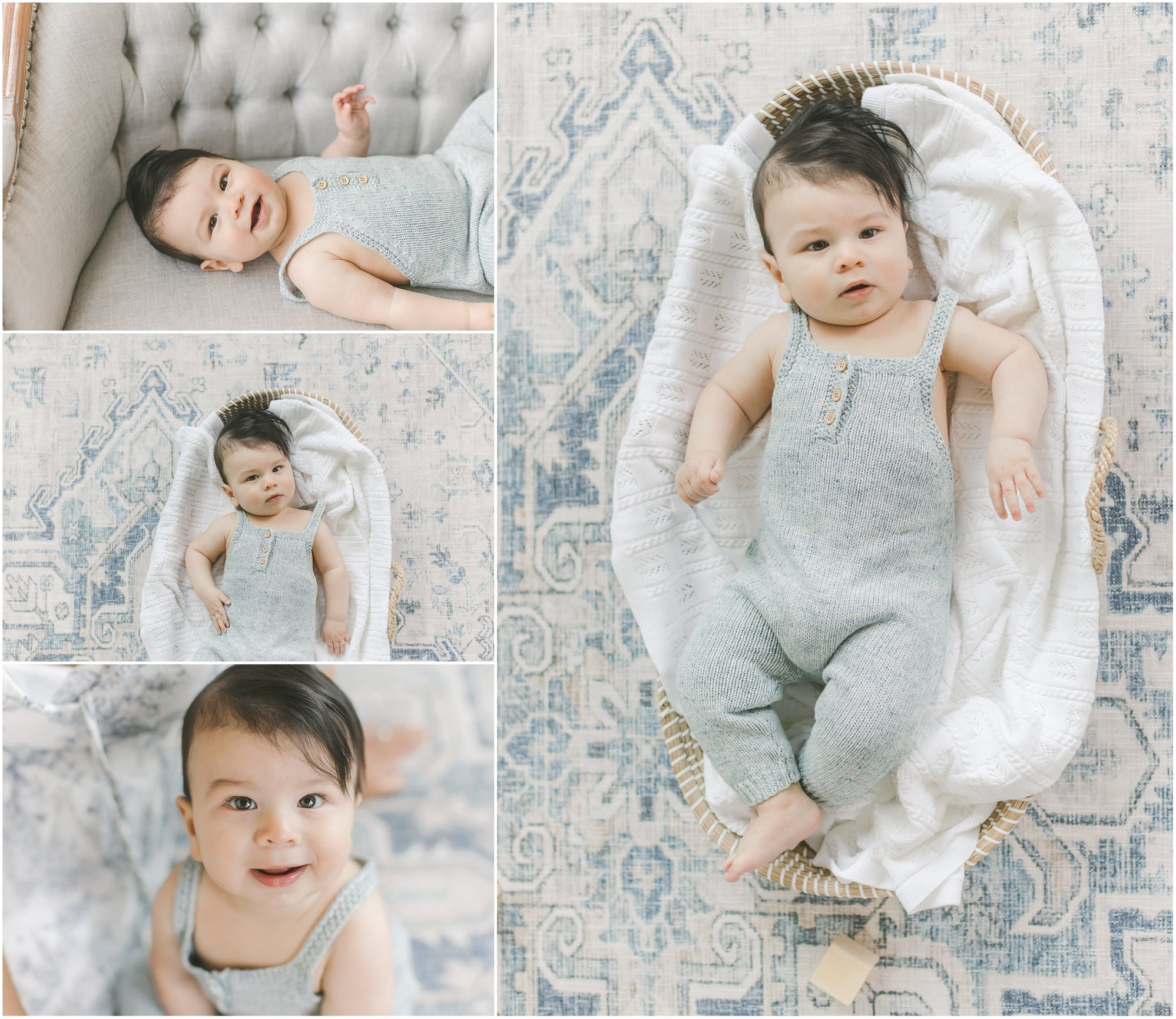 Baby in a light blue outfit, smiling and lying on a soft blanket, with multiple angles shown in a collage.