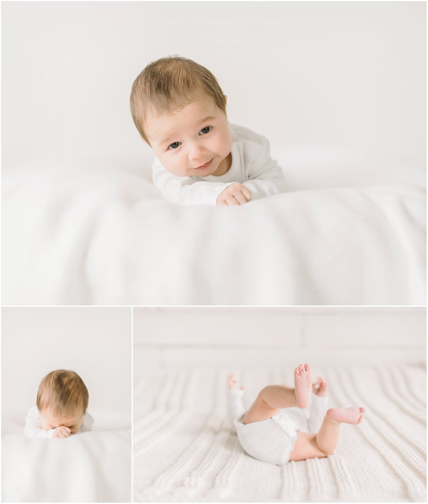 Smiling baby in white outfit on soft bed, with playful poses and expressions.