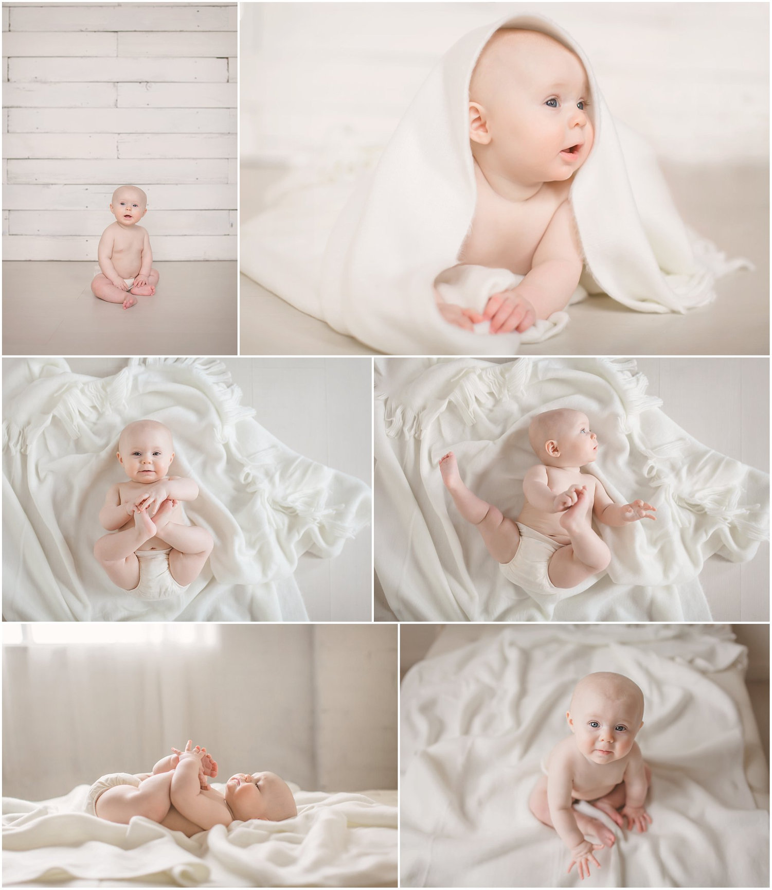 Collage of a baby in soft white fabric, featuring various poses and expressions in a bright, neutral setting.