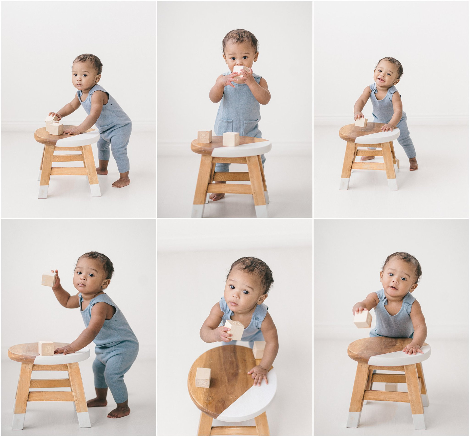 Collage of a toddler in a blue outfit interacting with a wooden stool, showcasing playful poses and expressions.