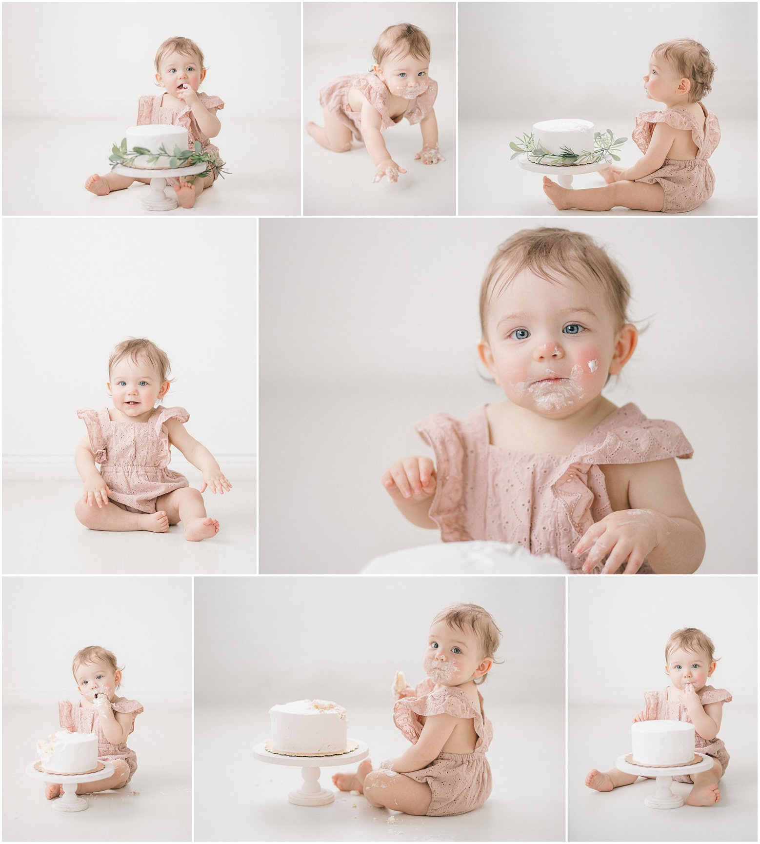 A collage of a baby in a light pink outfit, playing and interacting with a cake in a bright, airy setting.