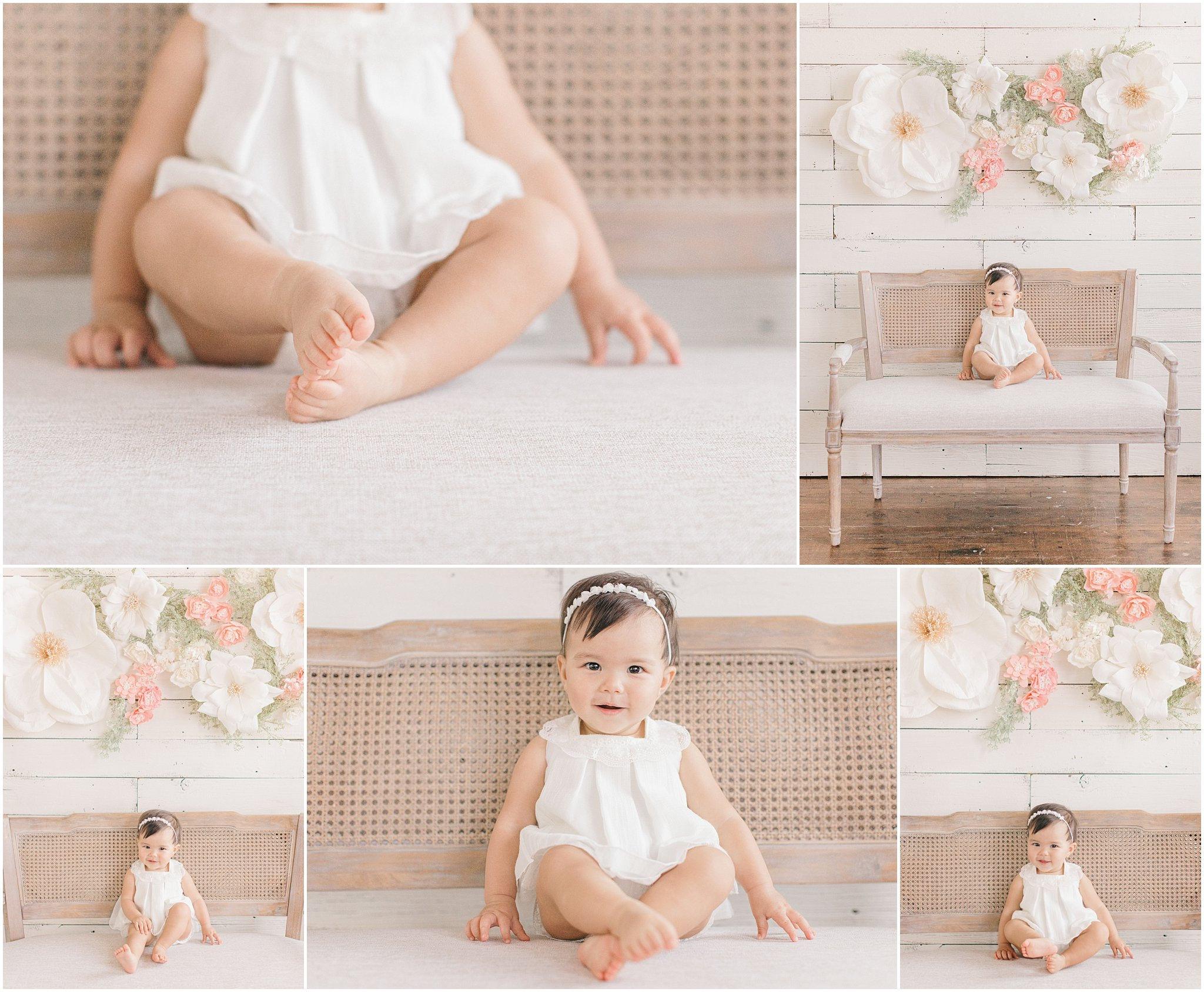 Collage of a baby in a white romper, sitting on a bench with floral backdrop.
