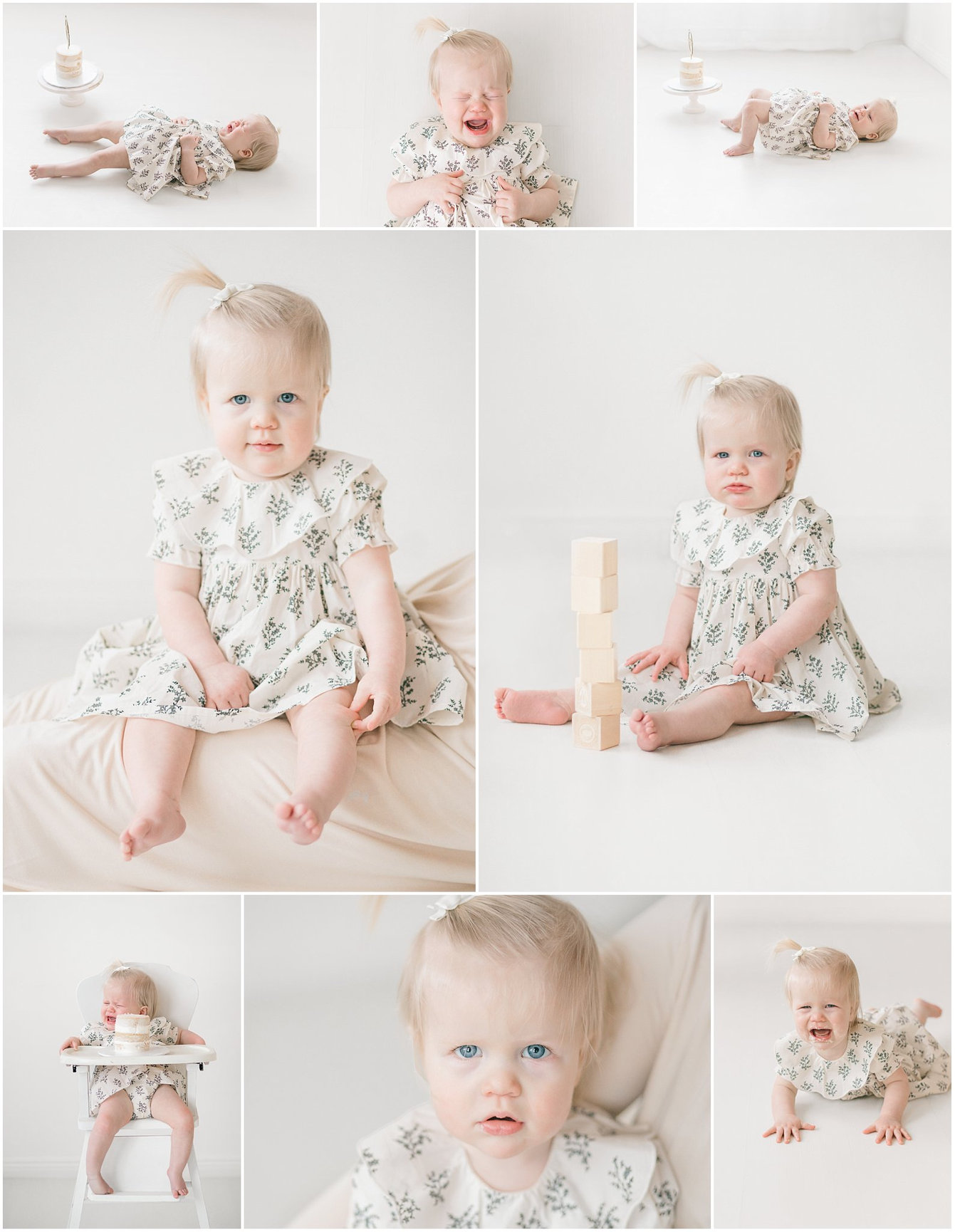 A collage of a smiling baby in a floral dress, playing and exploring in a bright, airy setting.