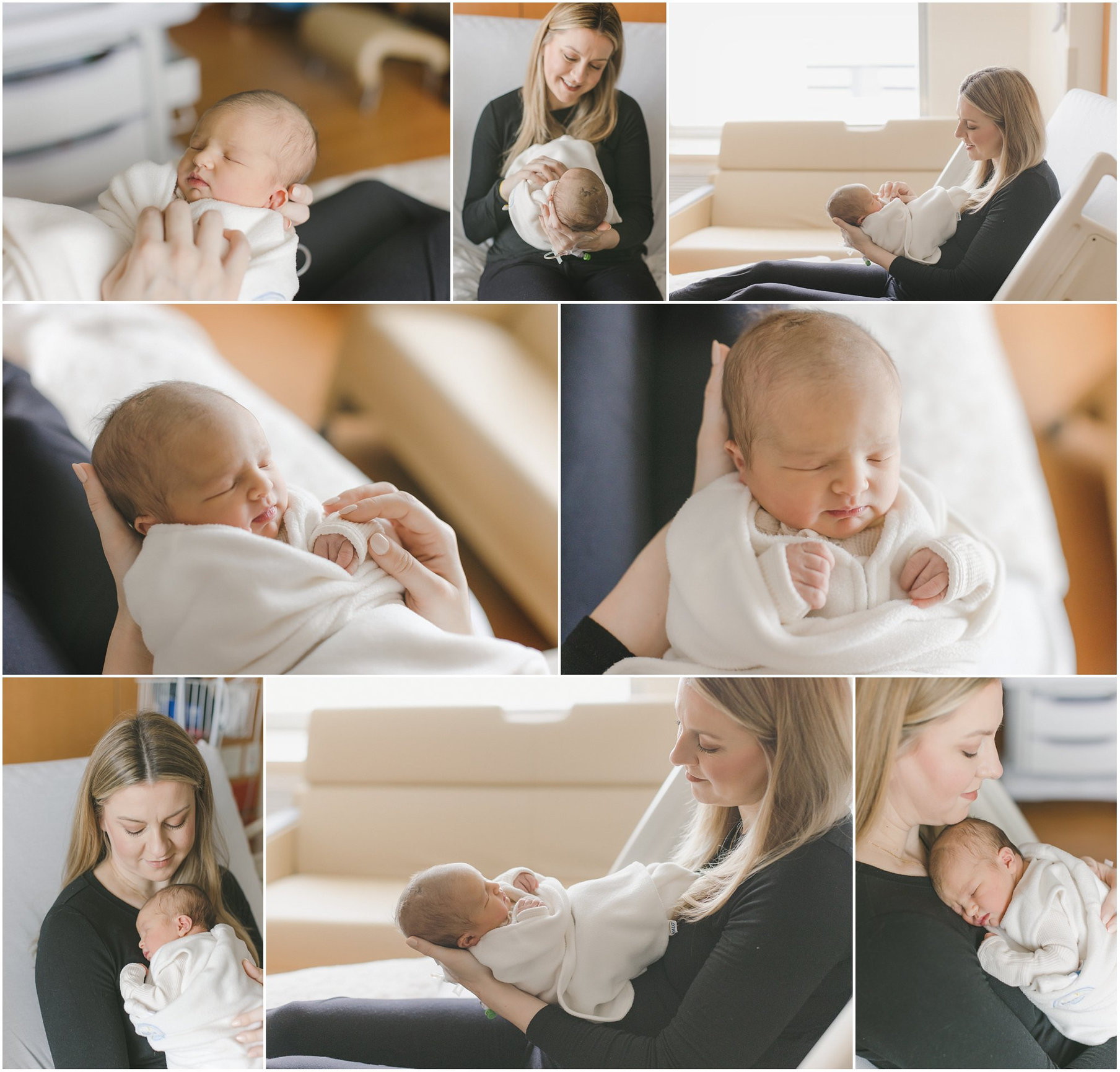 Mother holding a newborn baby in various cozy indoor settings. Tender moments captured in a collage.