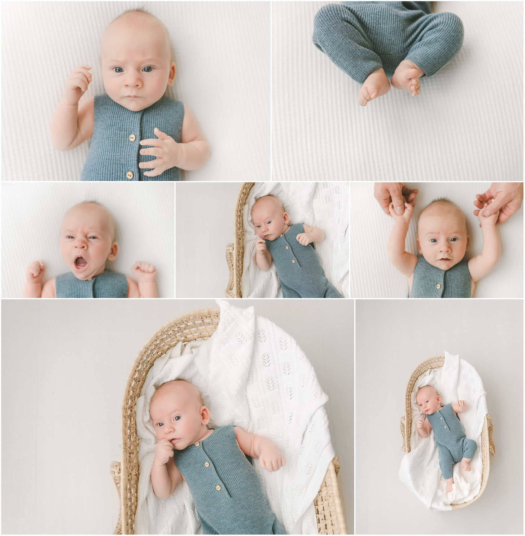 Collage of a baby in a gray outfit, showcasing various poses and expressions in a cozy setting.