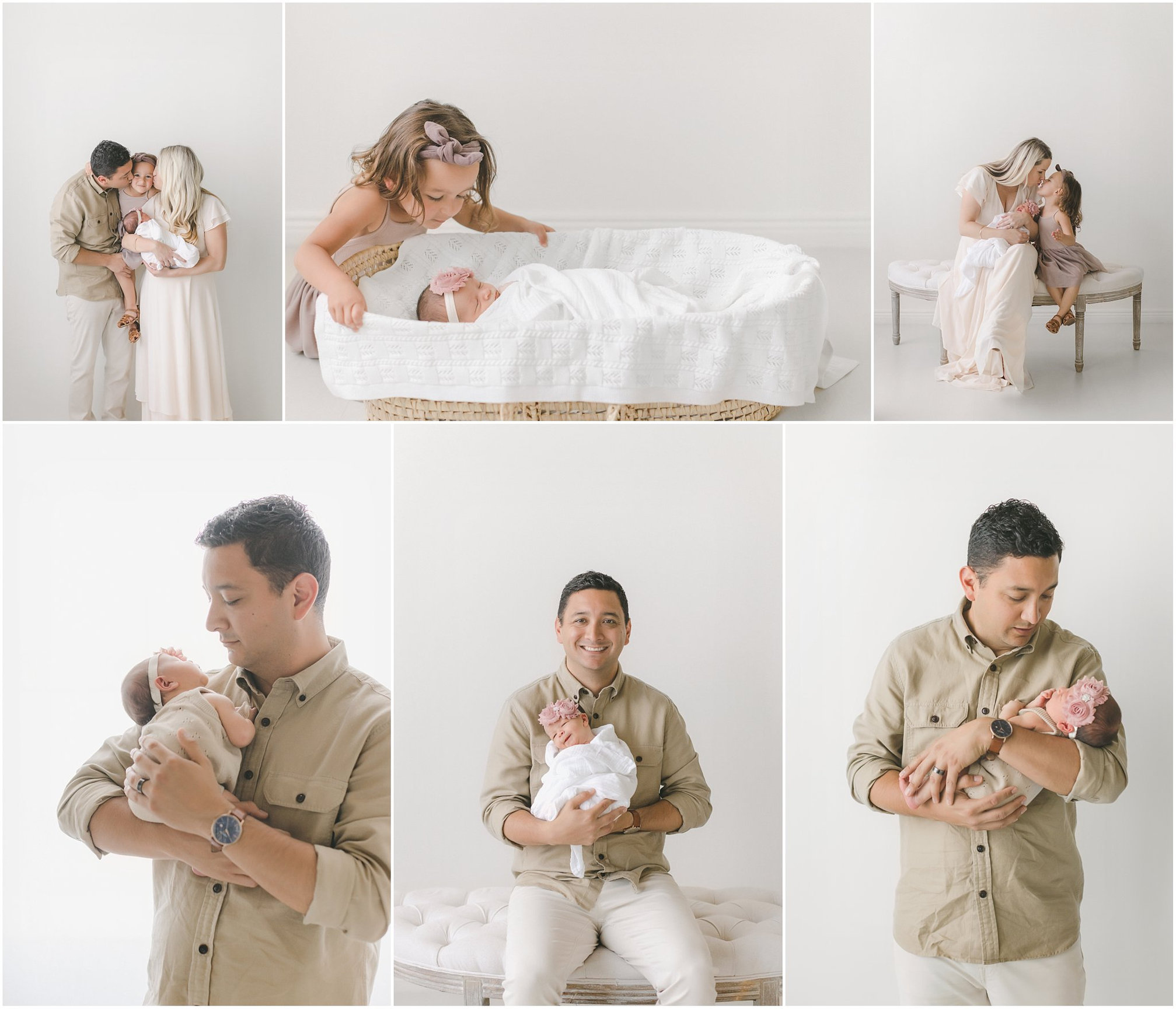 Collage of a family with a newborn, showing tender moments between parents and baby in a bright setting.