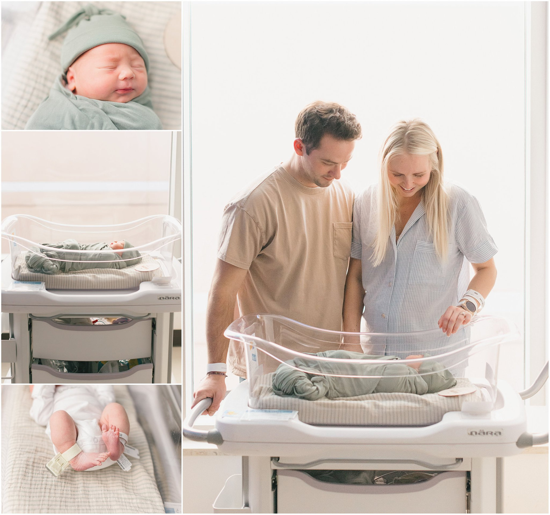 New parents admire their newborn in a bassinet, surrounded by sweet baby details and soft lighting.