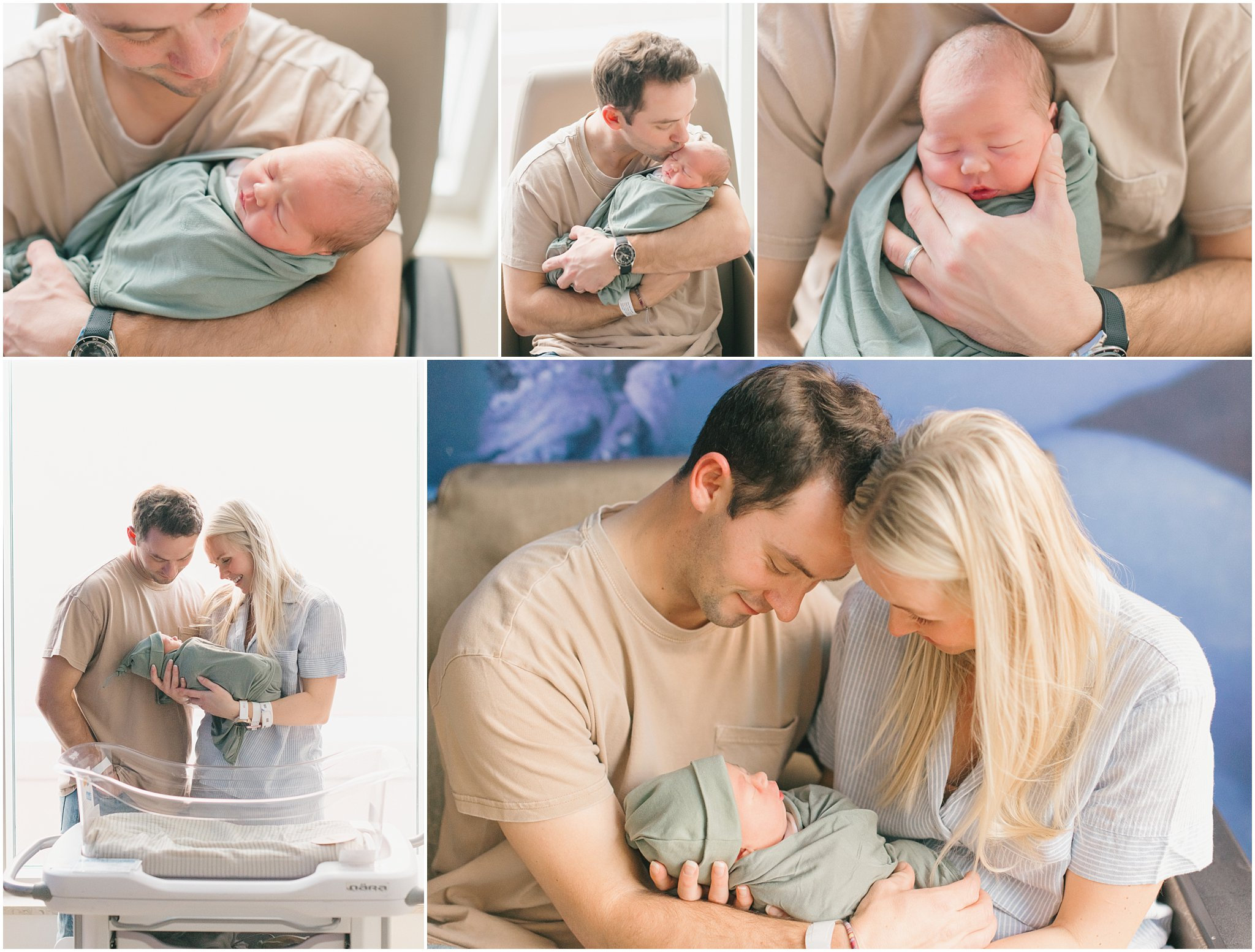 New parents tenderly holding their newborn baby, sharing intimate moments in a brightly lit room.