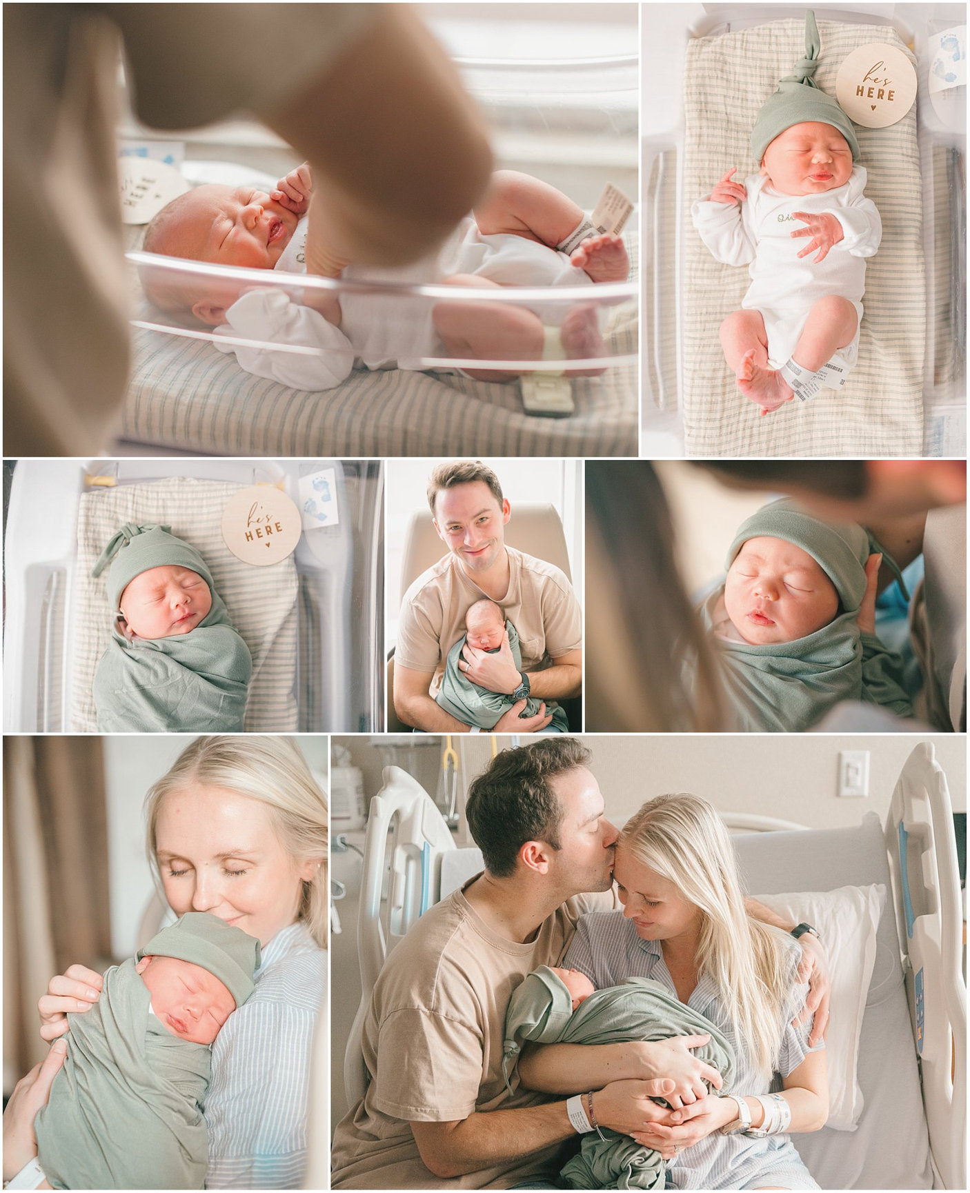 Collage of newborn baby moments, featuring parents holding and caring for their infant in a bright, cozy setting.